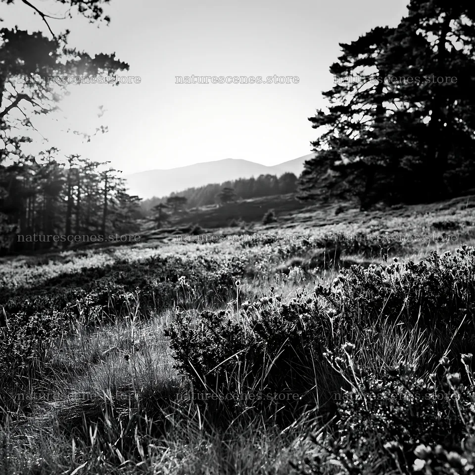 Pine forest meadow in black and white during early morning – nature scenes 7938x7938