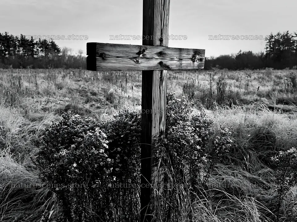 Wooden Christian cross in meadow during winter season – nature scenes 9174x6866