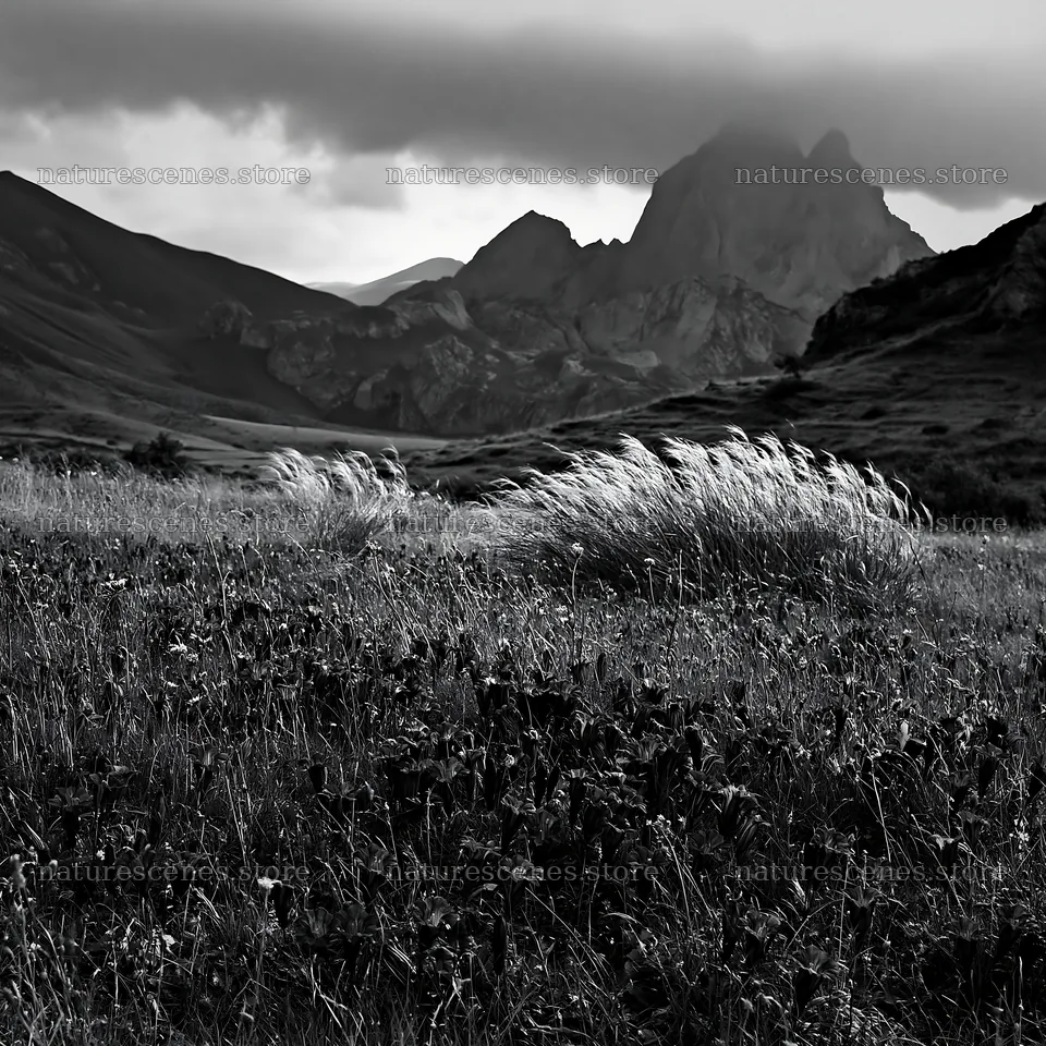 Meadow beneath crags with grass swaying in the breeze – nature scenes 7938x7938