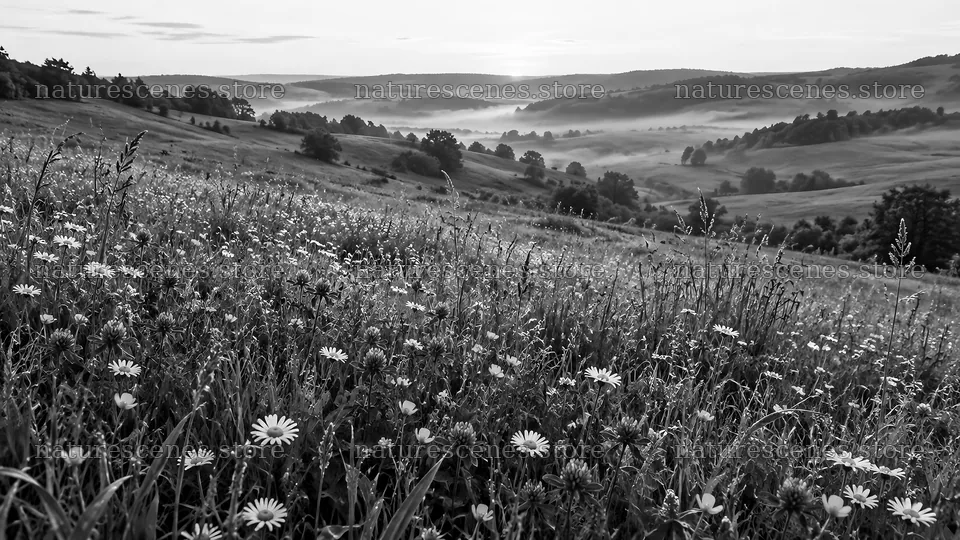 Black and White Meadow Above a Misty Valley – nature scenes 10324x5812