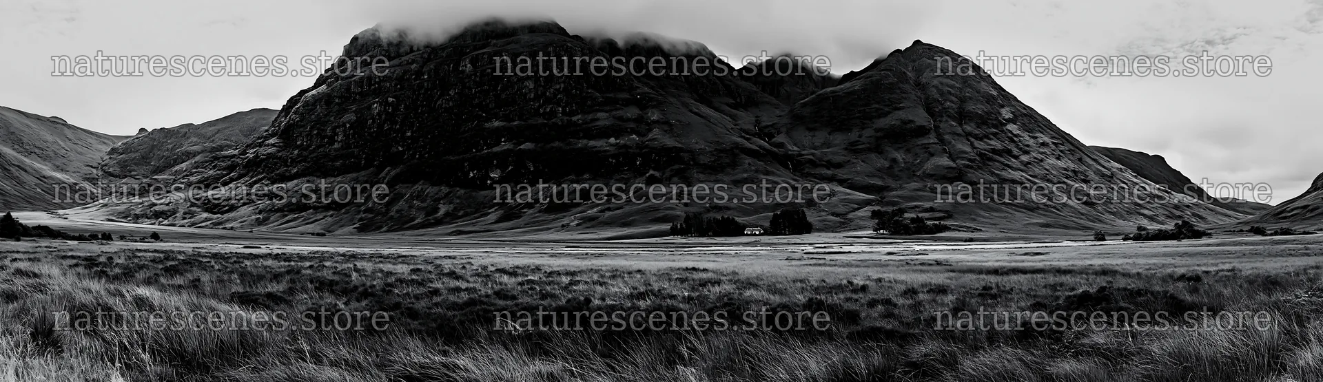Meadow beneath crags in black and white view – nature scenes 14762x4268