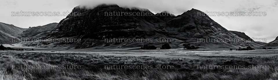 Meadow beneath crags in black and white view – nature scenes 14762x4268