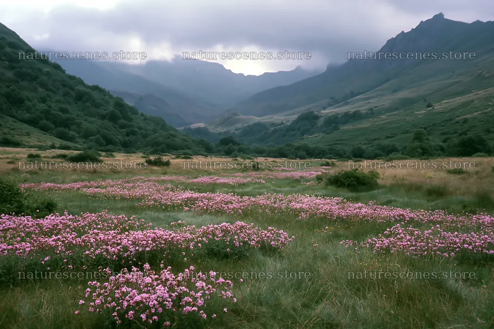 Pink flowers in a meadow near the Pyrenees mountains – nature scenes 9722x6480