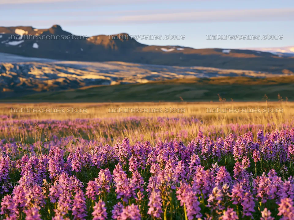 Colorful orchid meadow in the sunlight with mountains behind – nature scenes 9174x6866