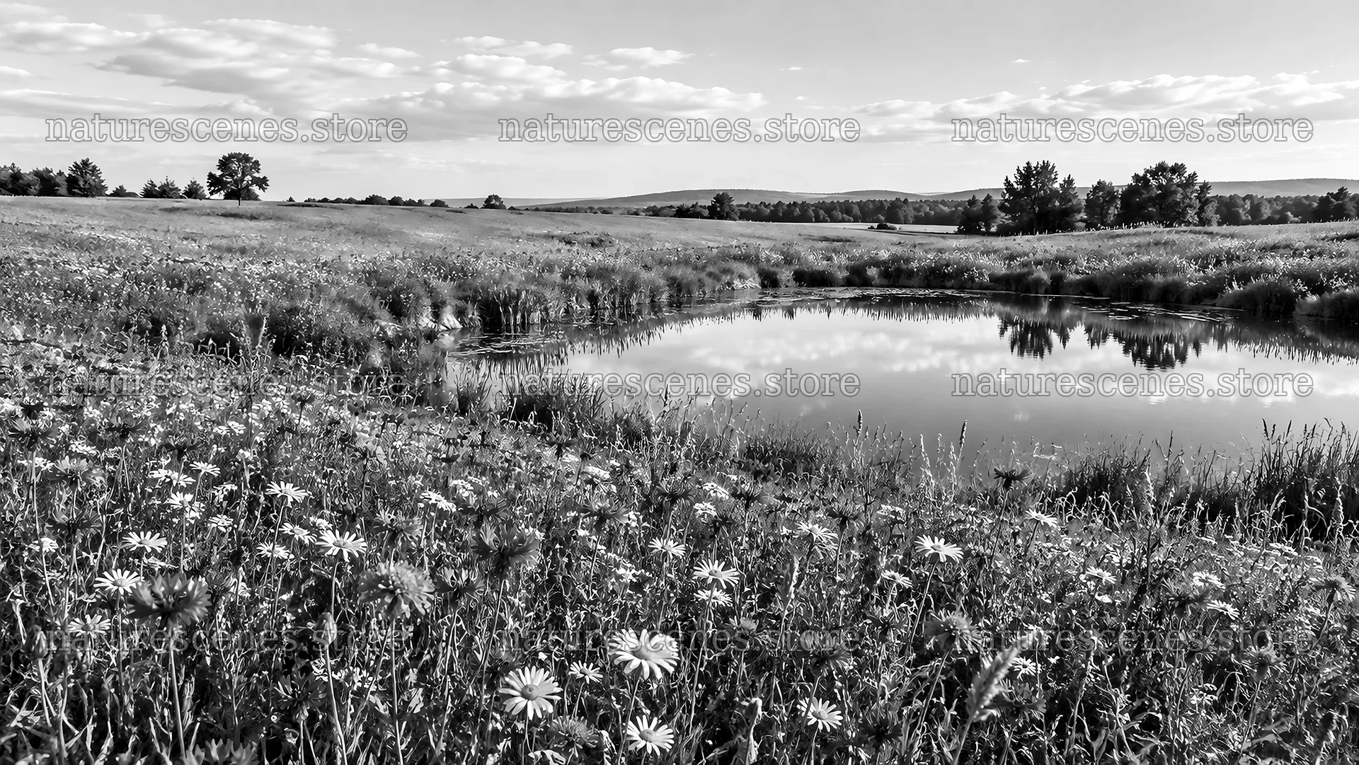 Monochrome Wildflower Meadow beside a Pond – nature scenes 10324x5812