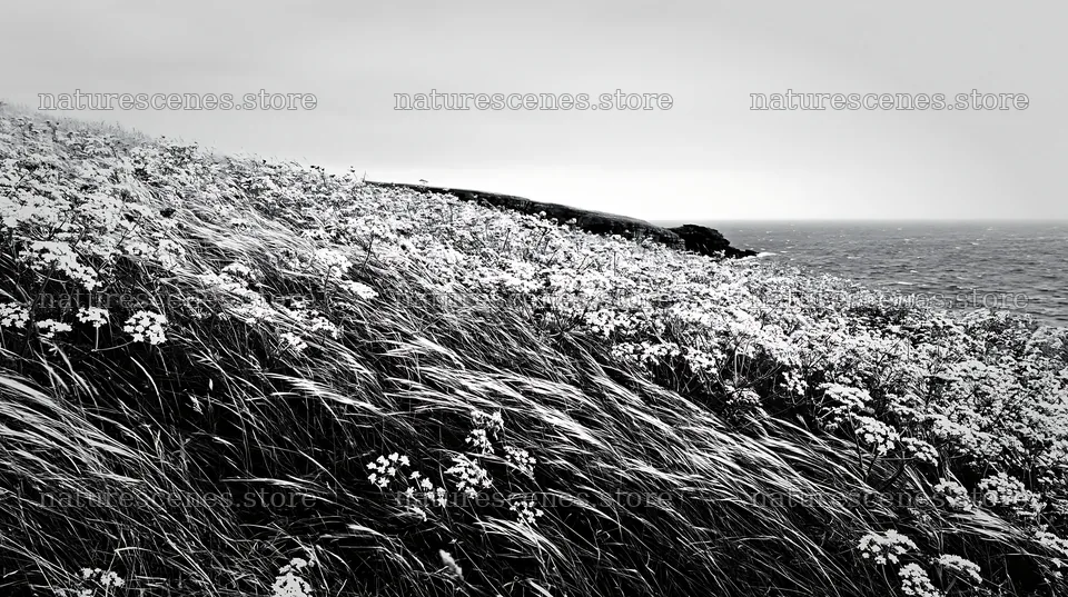 Cow parsley meadow beside the sea in black and white – nature scenes 10608x5938