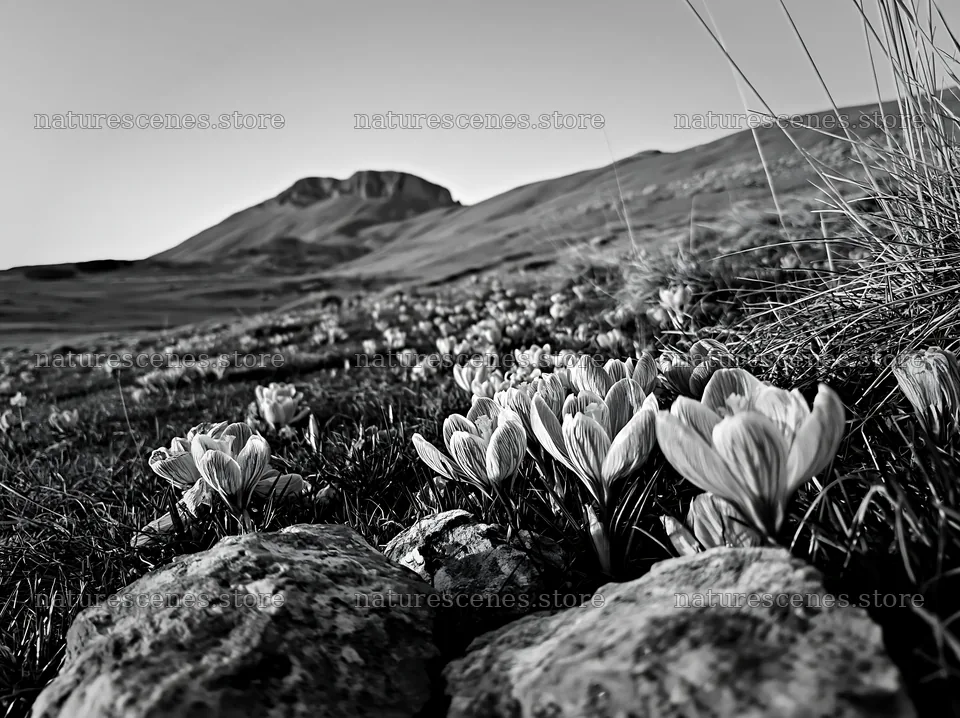 Crocuses blooming in a mountain meadow at dusk – nature scenes 9174x6866