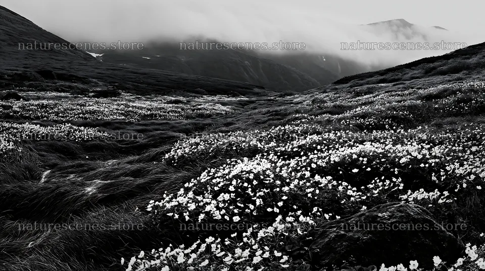 Snowmelt rock foreground with flowers in Toyama alpine meadow – nature scenes 10608x5938