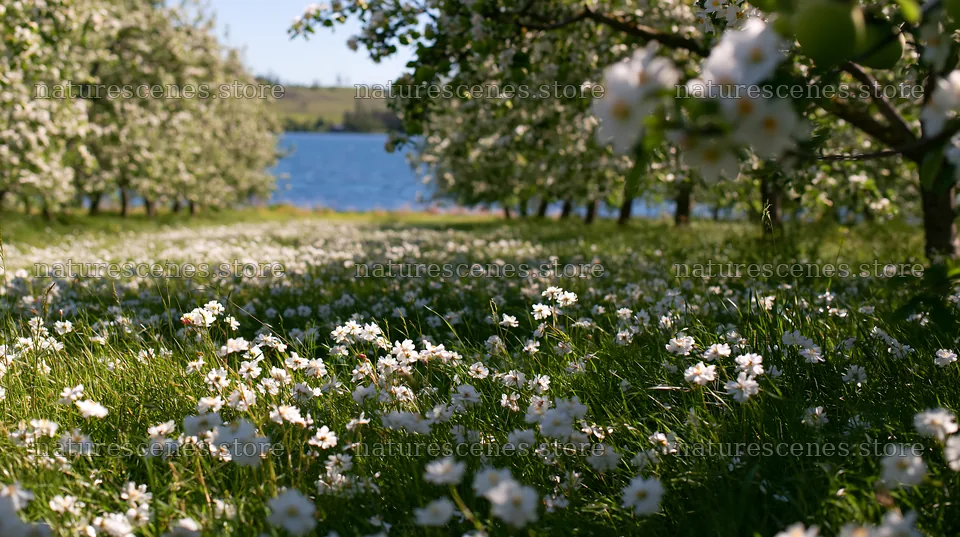 Lakeside orchard meadow with flowers near water – nature scenes 10608x5938