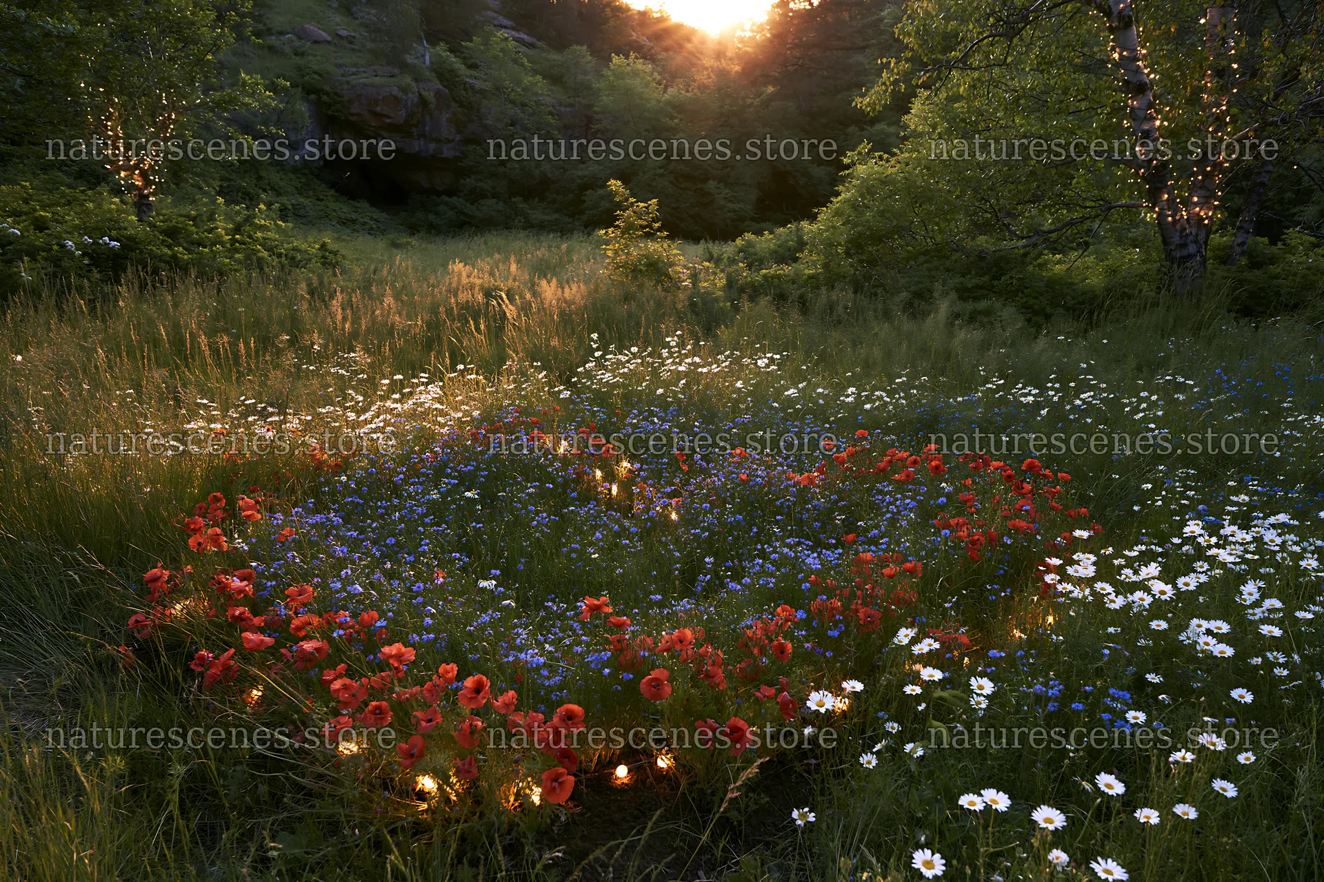 Christmas lights in meadow at dusk near cave – nature scenes 9722x6480