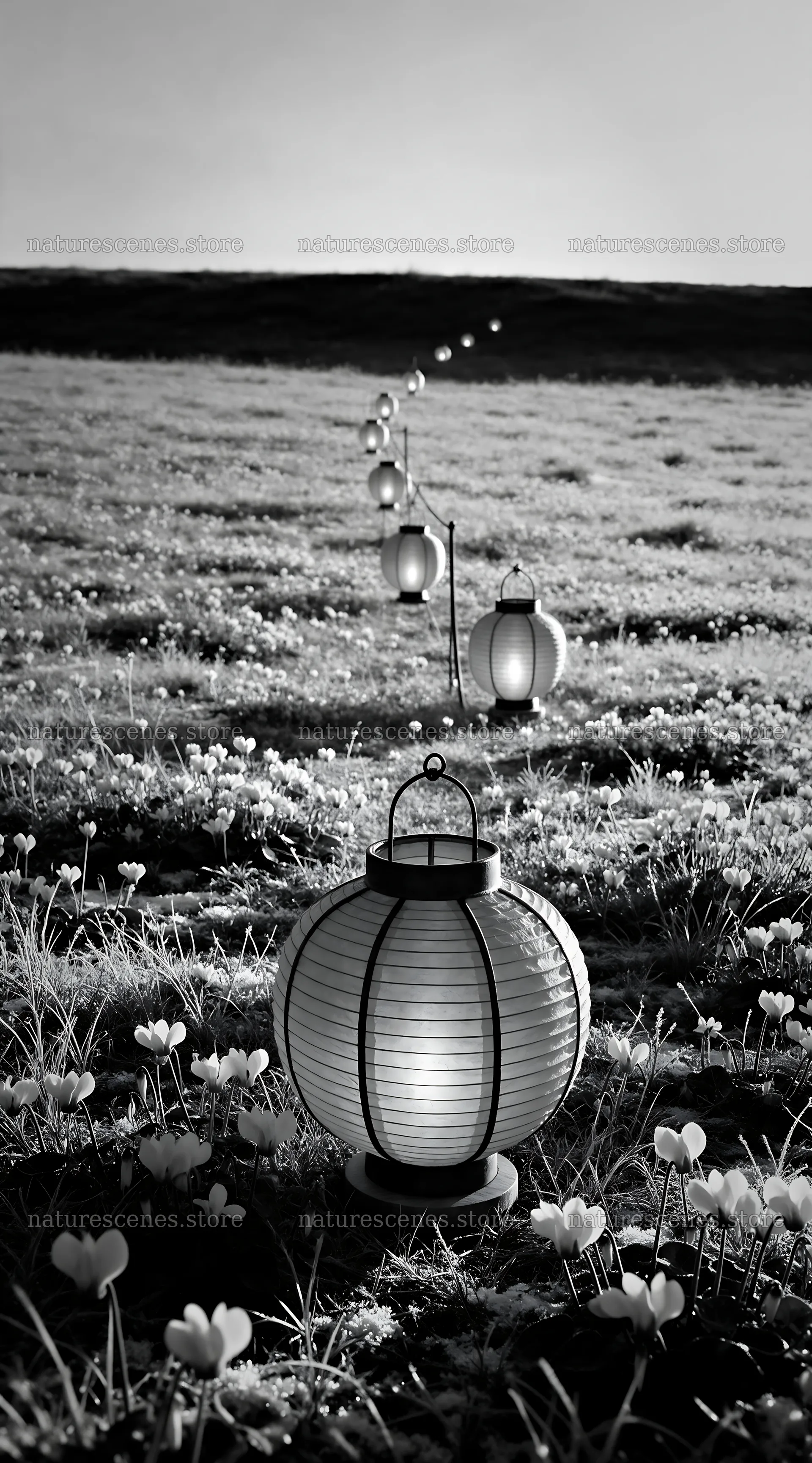 Vibrant Christmas lanterns shining over winter meadow – nature scenes 5916x10648