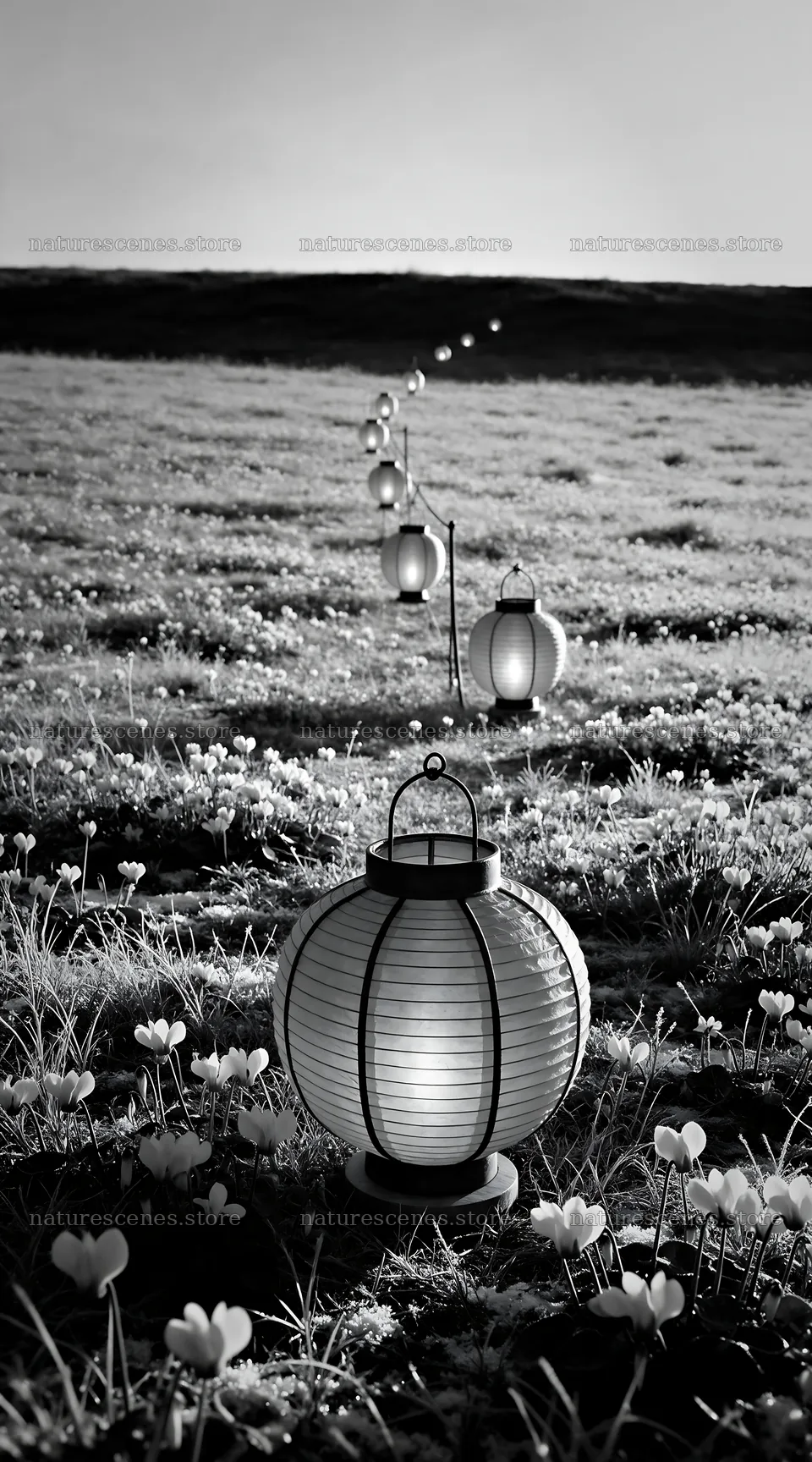 Vibrant Christmas lanterns shining over winter meadow – nature scenes 5916x10648
