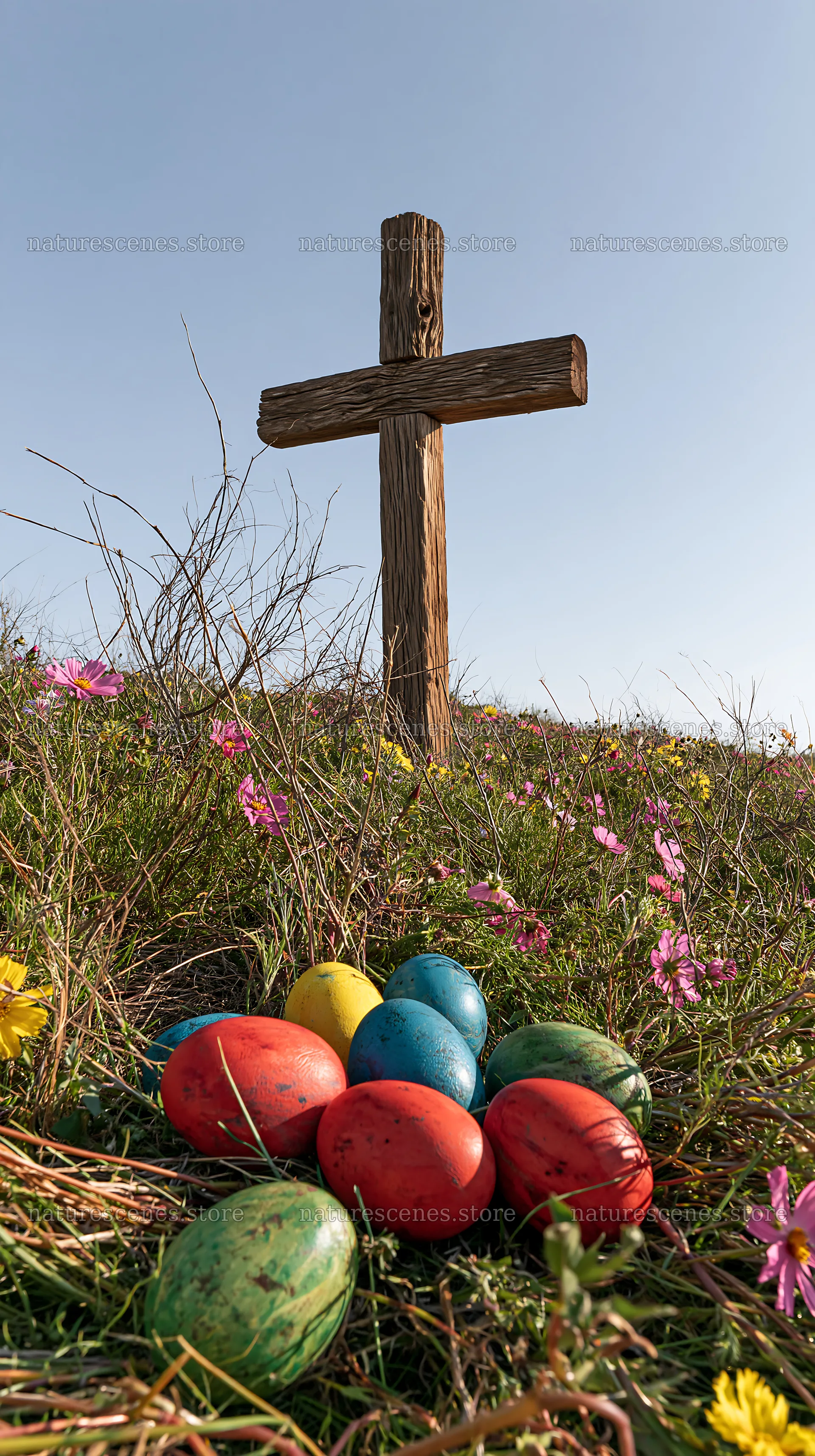 Christian cross in a Christmas meadow with colorful eggs – nature scenes 5938x10608