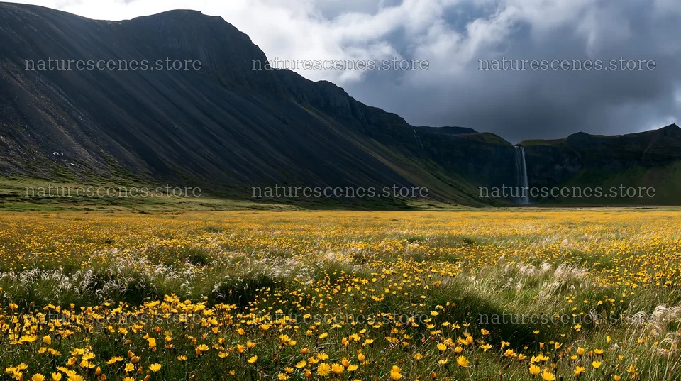 Meadow filled with yellow flowers near mountain waterfall – nature scenes 10608x5938