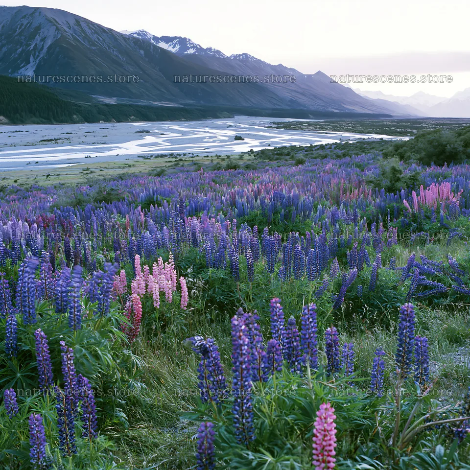 Lupin meadow with mountains and river in the background – nature scenes 7938x7938