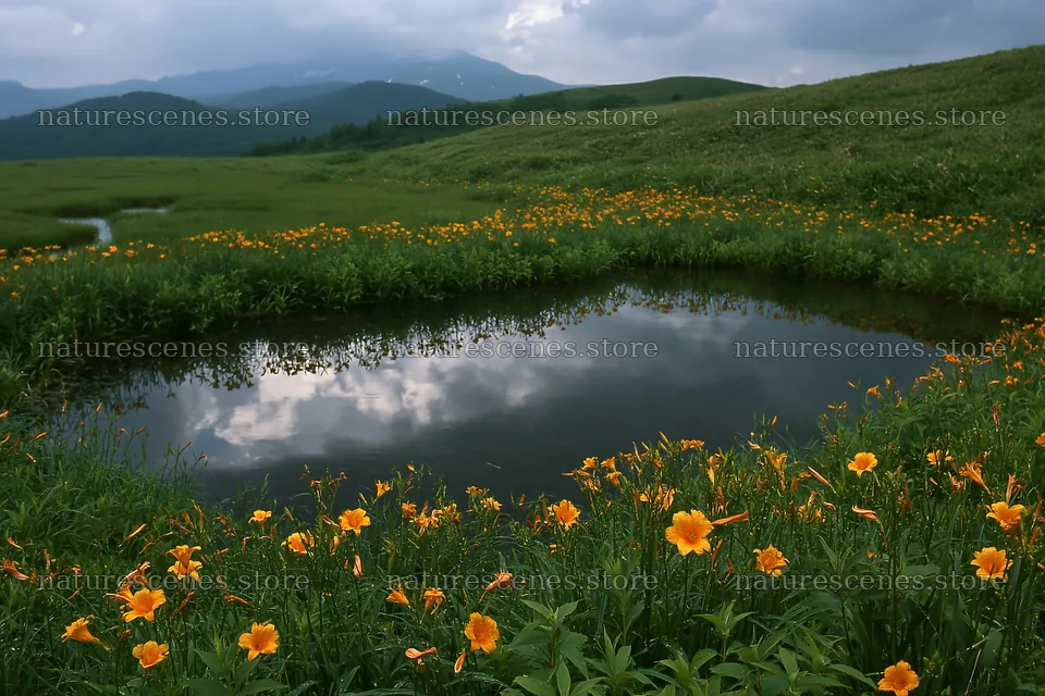 Kirigamine highland daylily meadow with water reflection – nature scenes 9722x6480