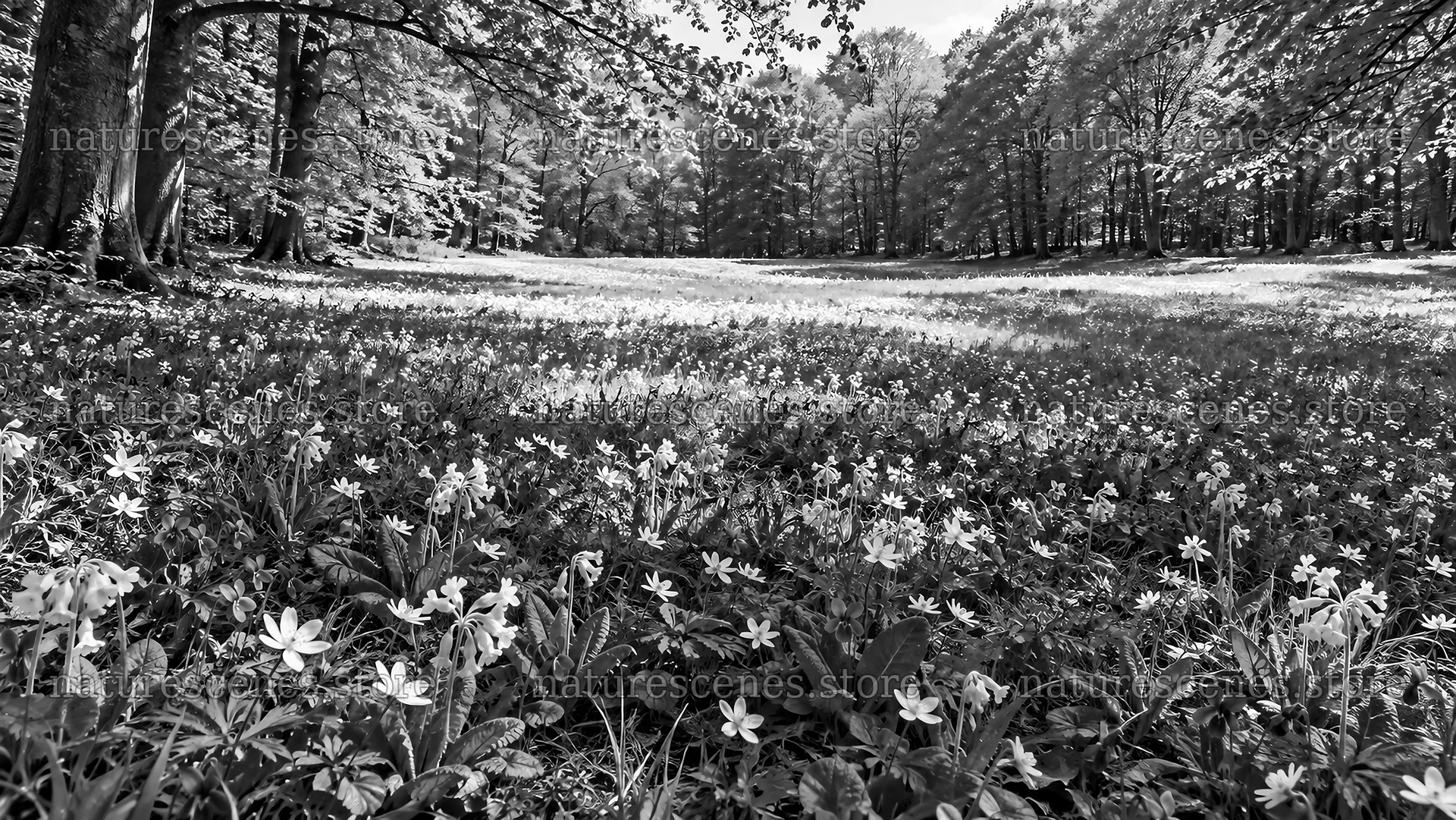 Monochrome Forest Clearing with Wildflowers – nature scenes 10324x5812