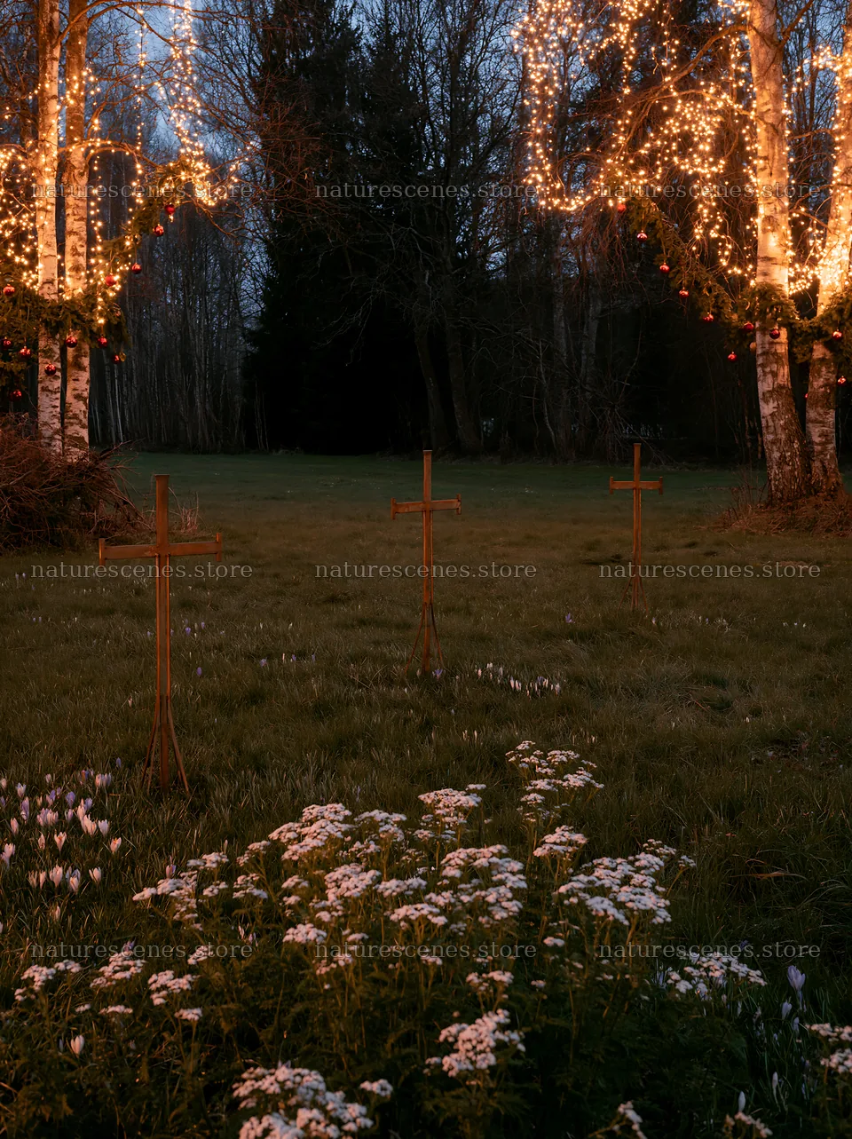 Three iron crosses in Advent meadow during twilight – nature scenes 6866x9174
