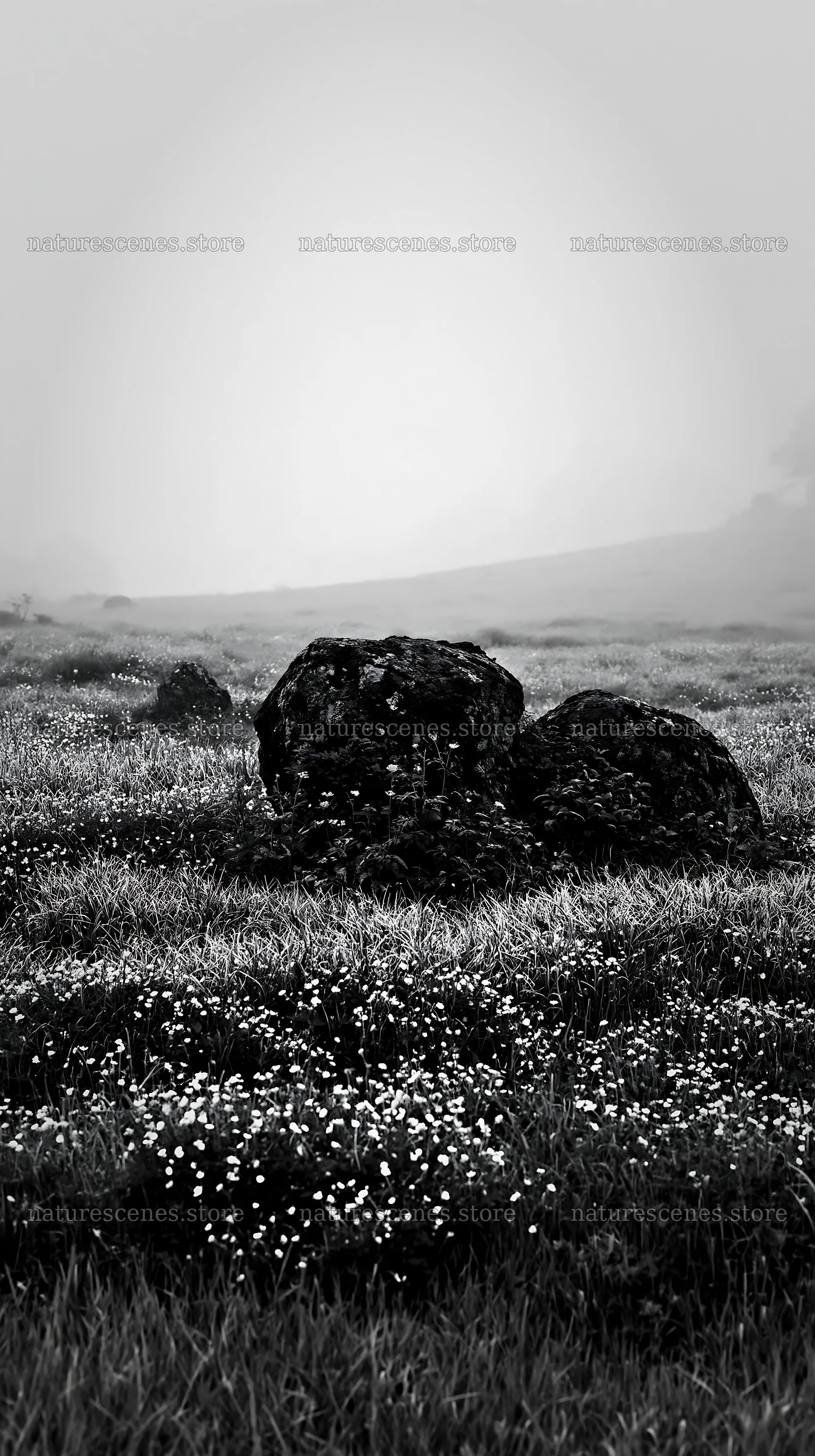 Granite stones in Oita highland meadow with wildflowers – nature scenes 5938x10608