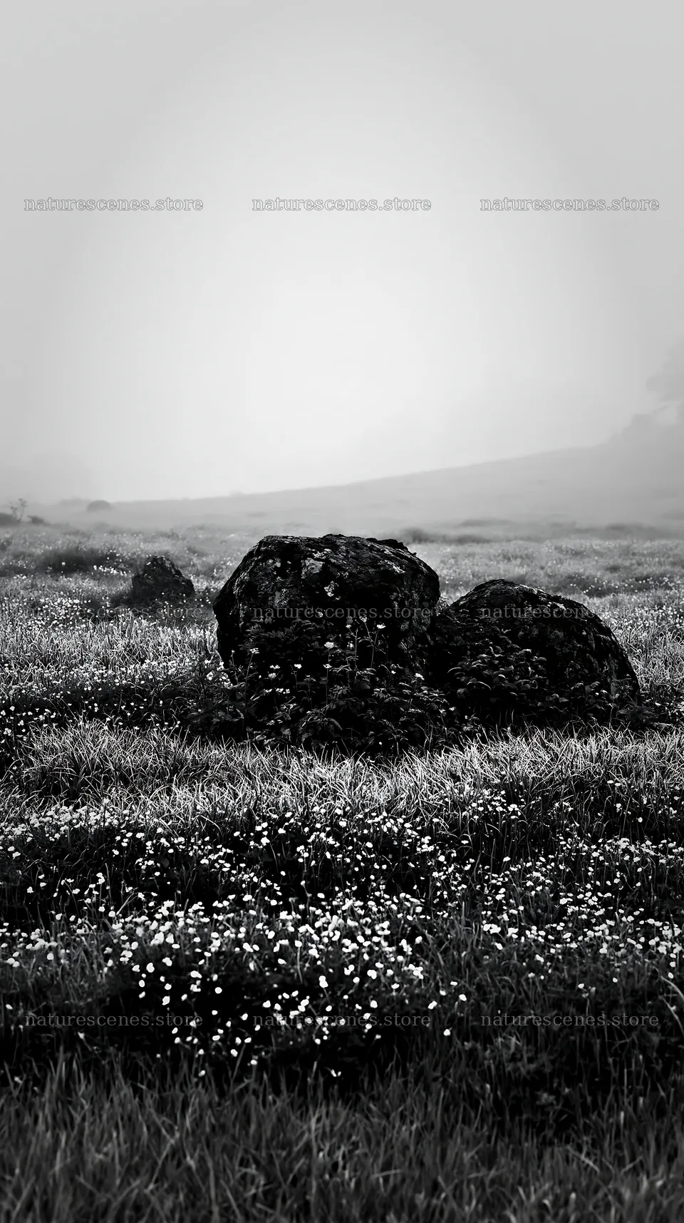Granite stones in Oita highland meadow with wildflowers – nature scenes 5938x10608