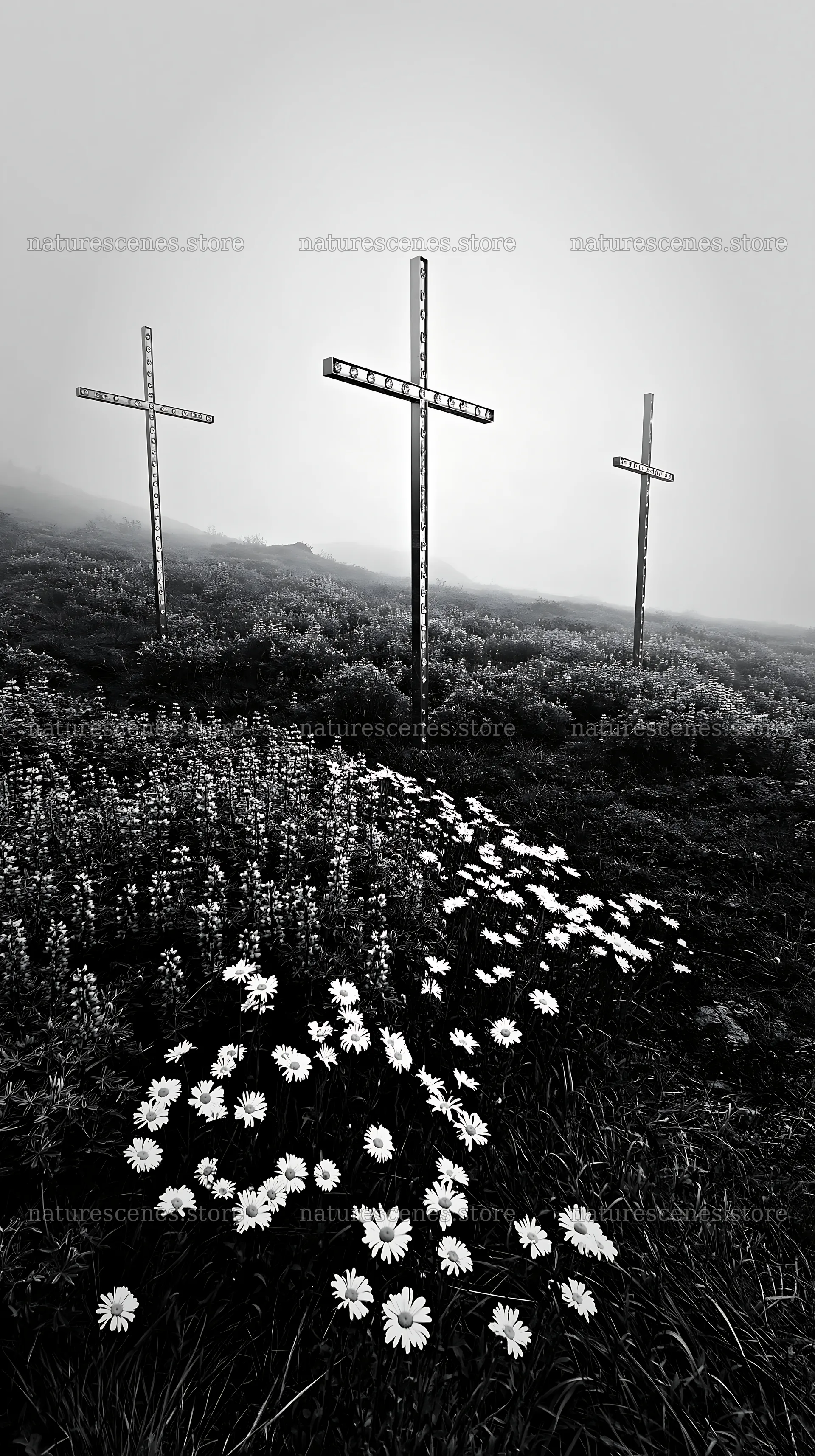 Three Christian crosses in a meadow with flowers – nature scenes 5938x10608