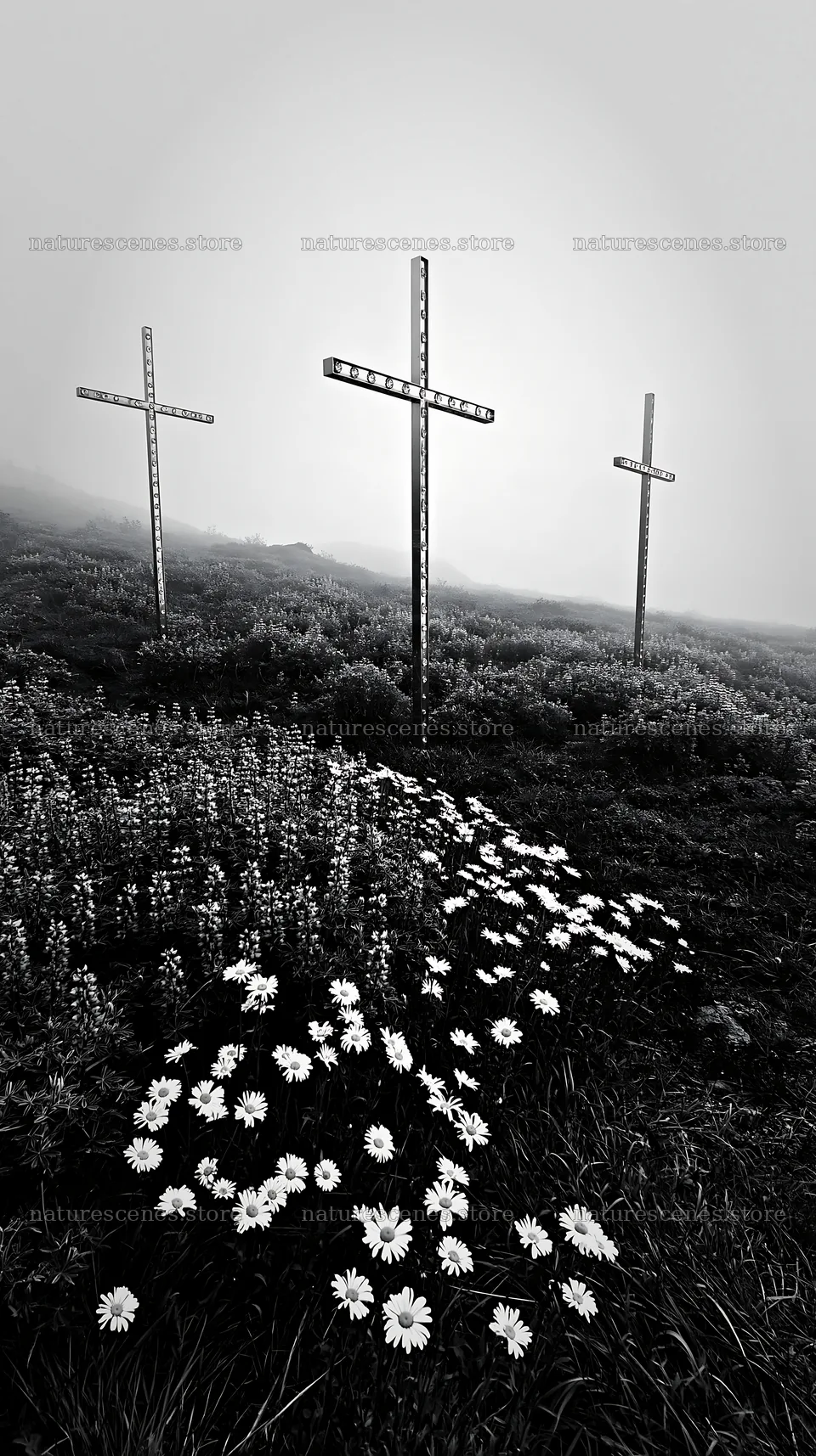 Three Christian crosses in a meadow with flowers – nature scenes 5938x10608