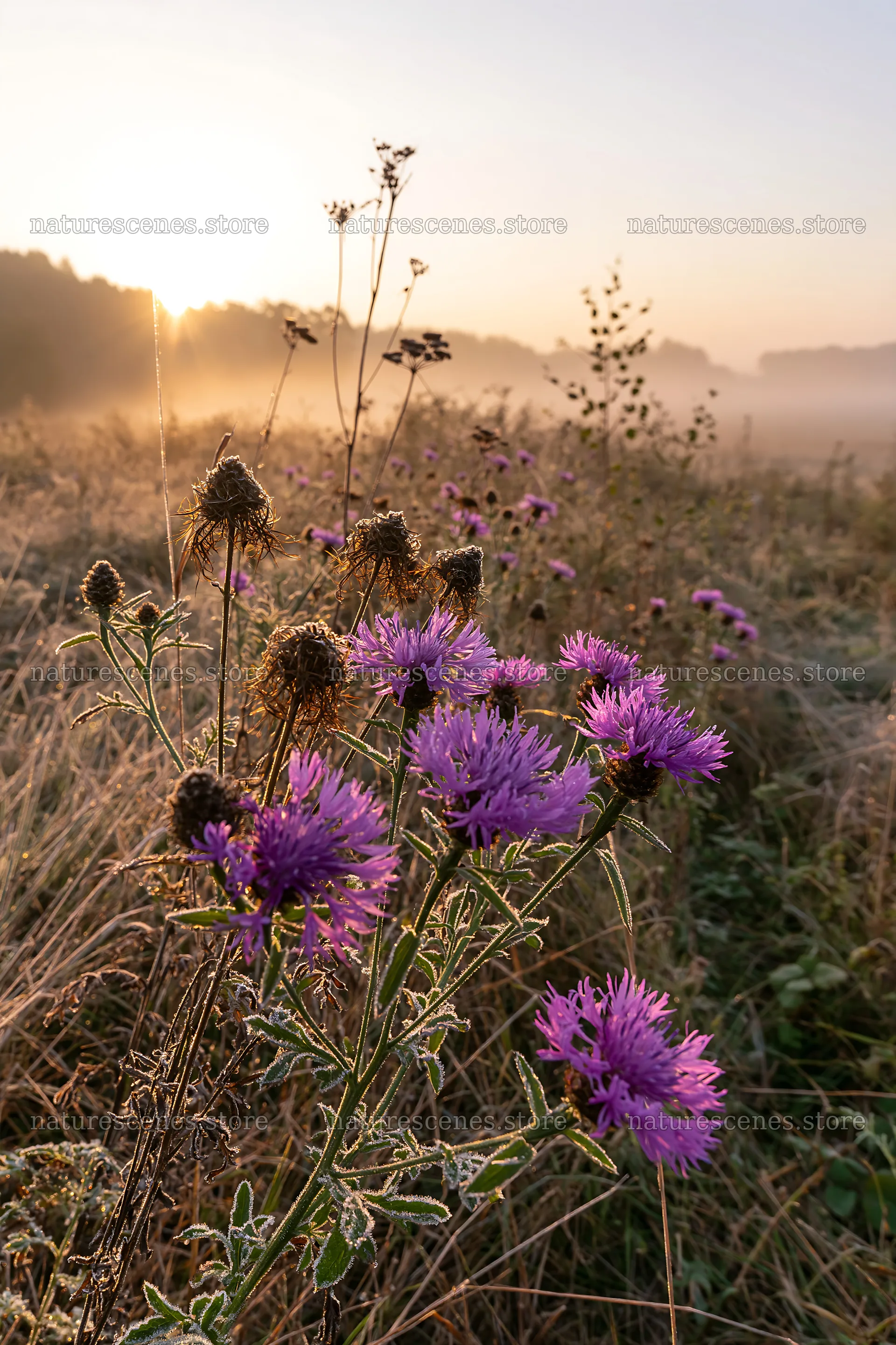 Knapweed blooms in a meadow at sunrise – nature scenes 6480x9722