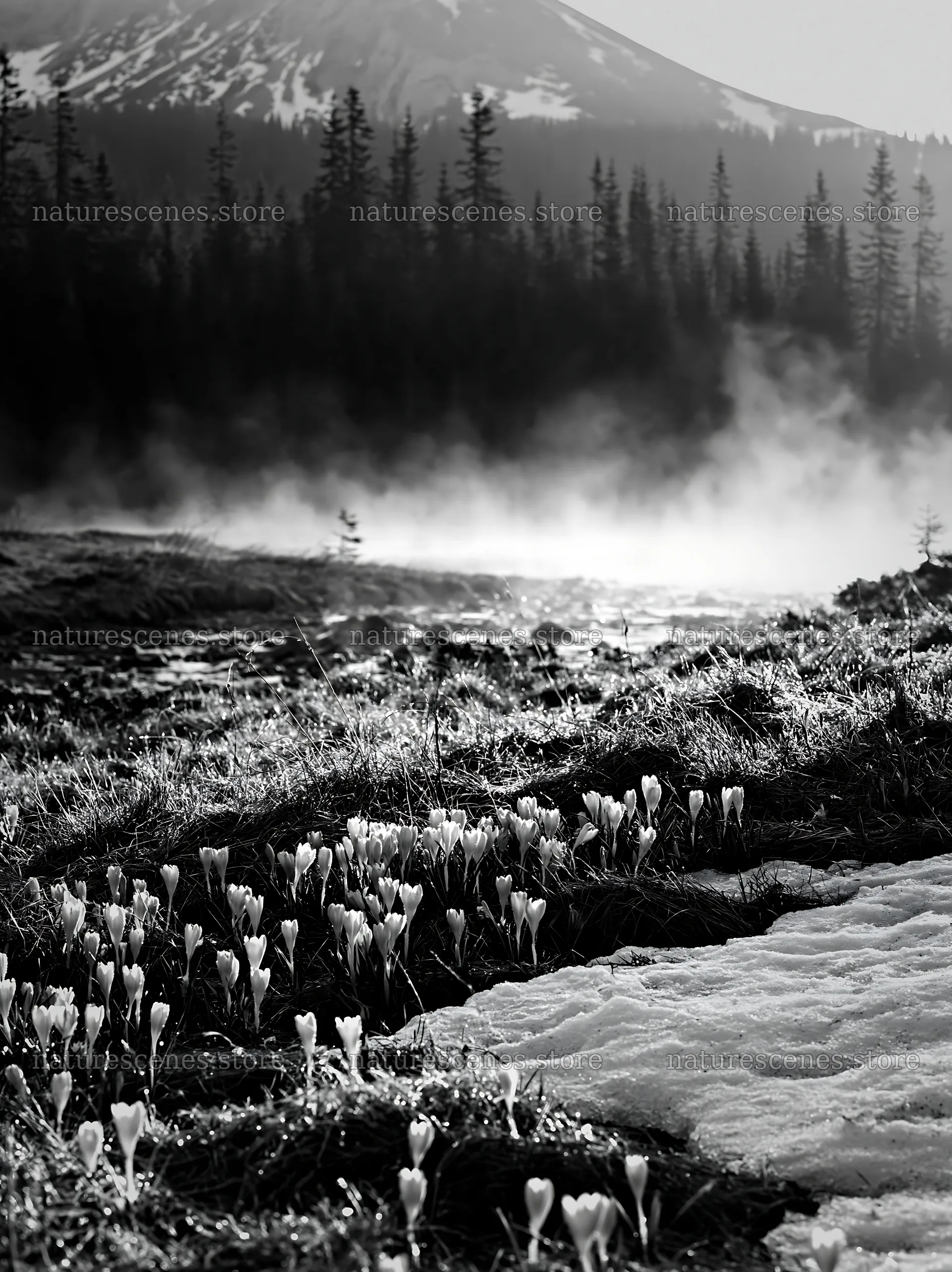 Snowmelt meadow with flowers and steam in the background – nature scenes 6866x9174