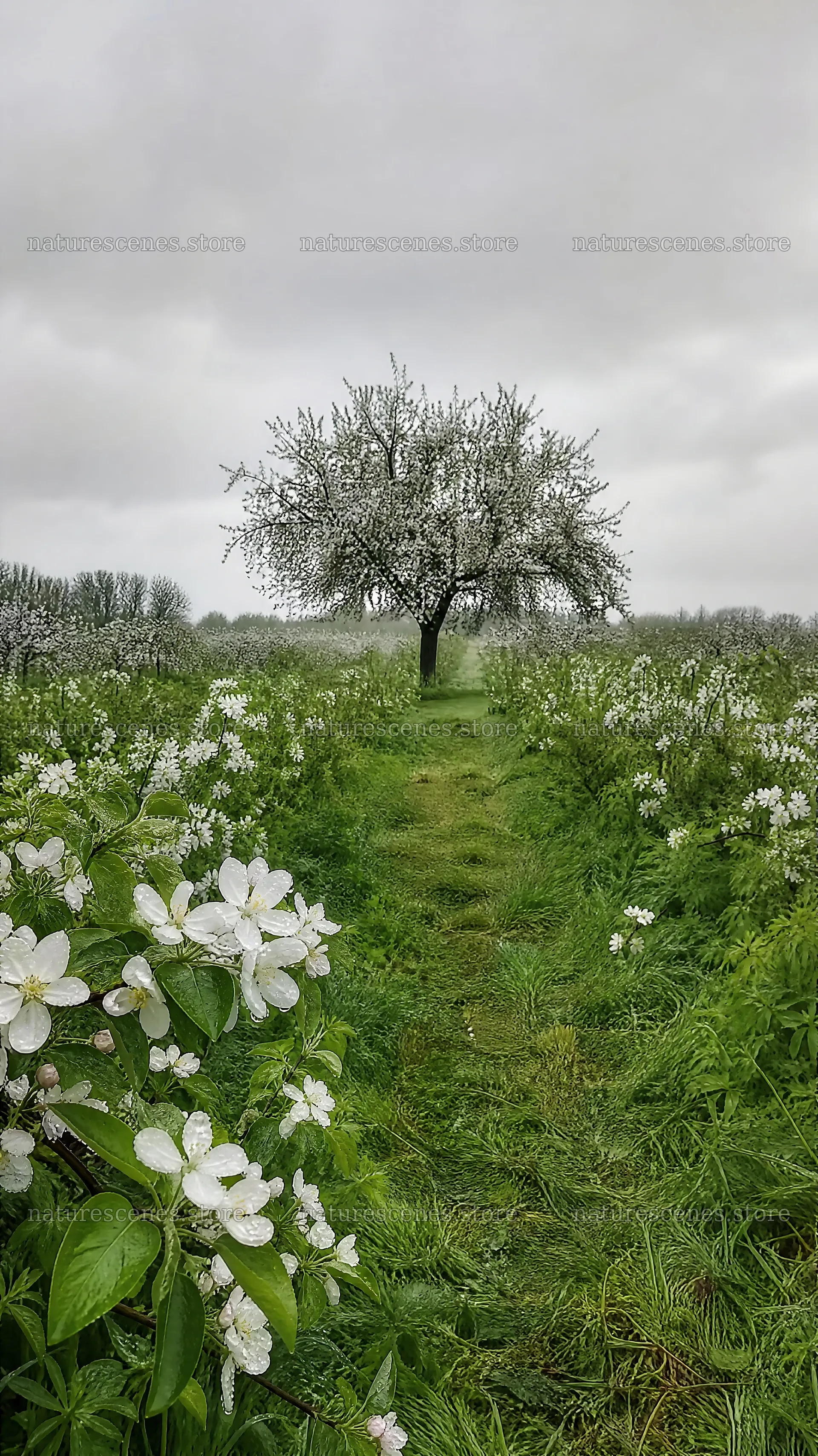 Apple blossom meadow with a single tree and flowers – nature scenes 5952x10584