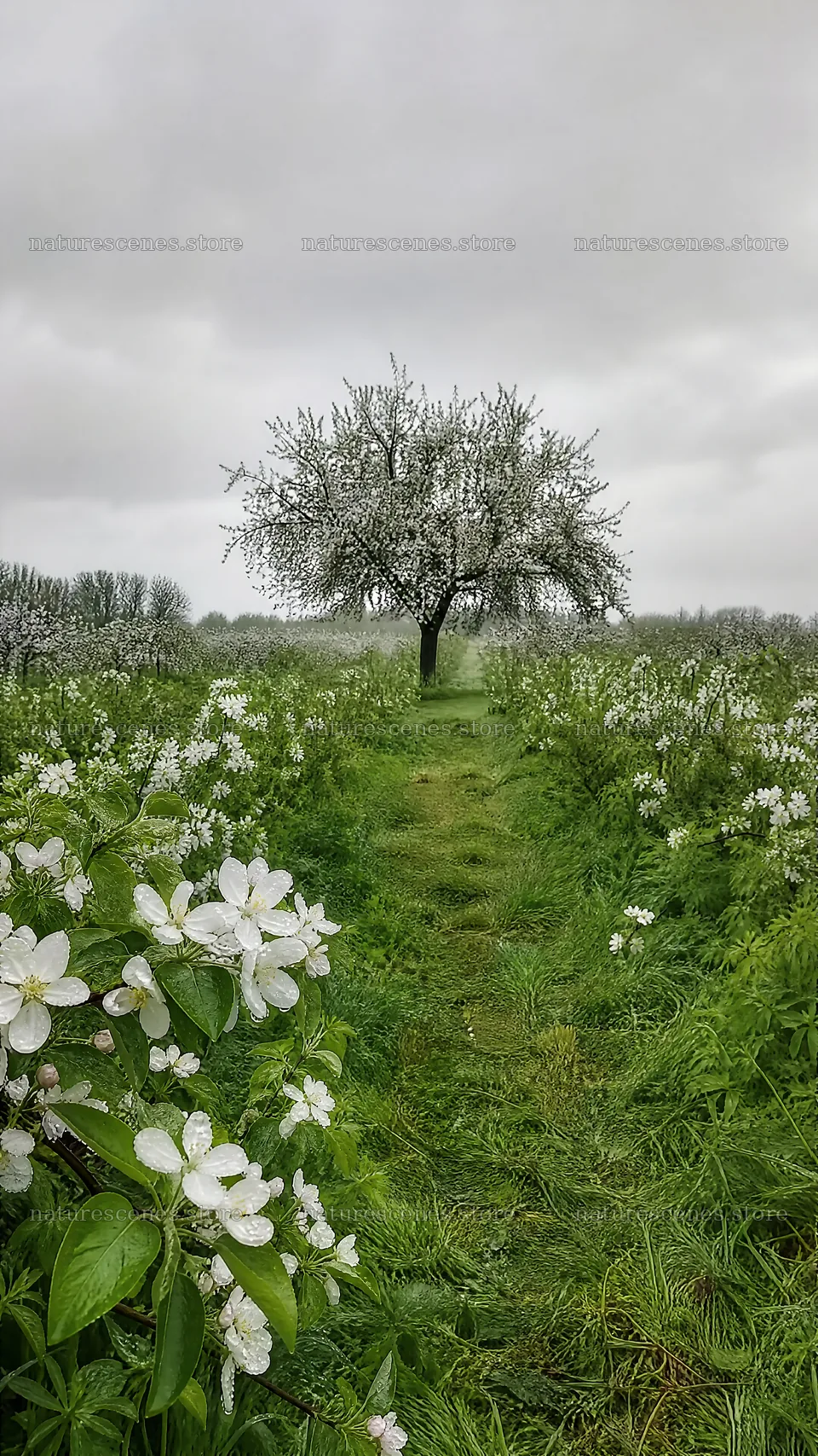 Apple blossom meadow with a single tree and flowers – nature scenes 5952x10584
