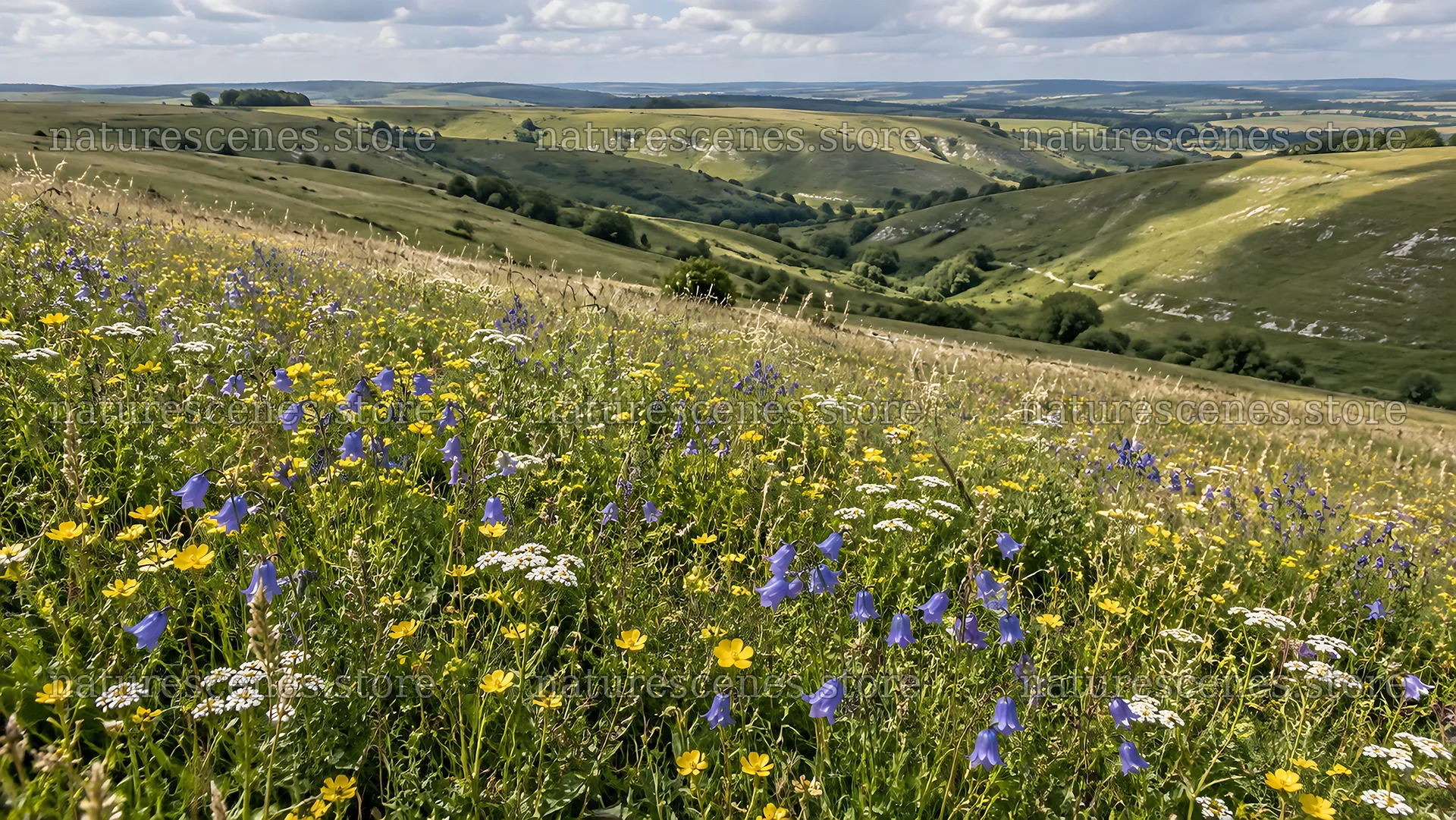 Wildflower Meadow Across Rolling Green Hills – nature scenes 10324x5812