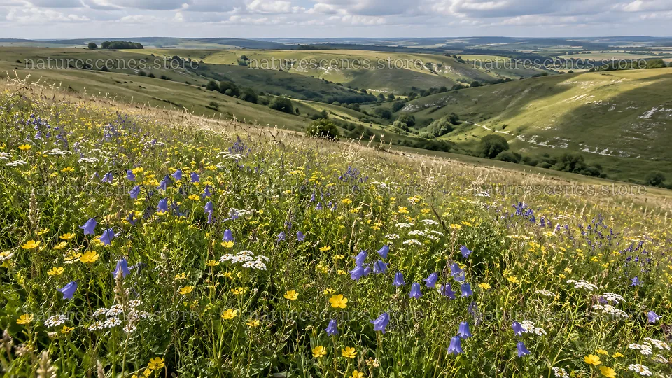 Wildflower Meadow Across Rolling Green Hills – nature scenes 10324x5812