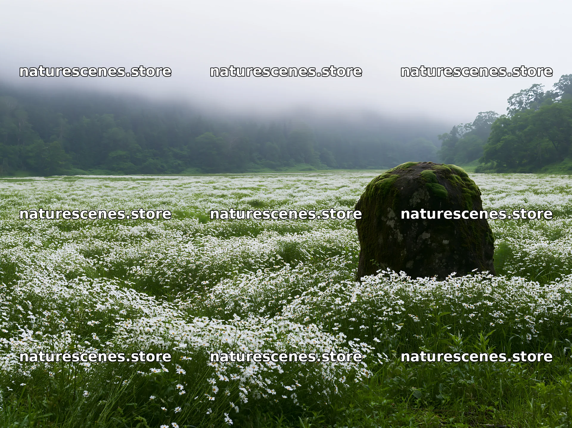 Misty meadow with moss covered stone in Shimane – nature scenes 9174x6866