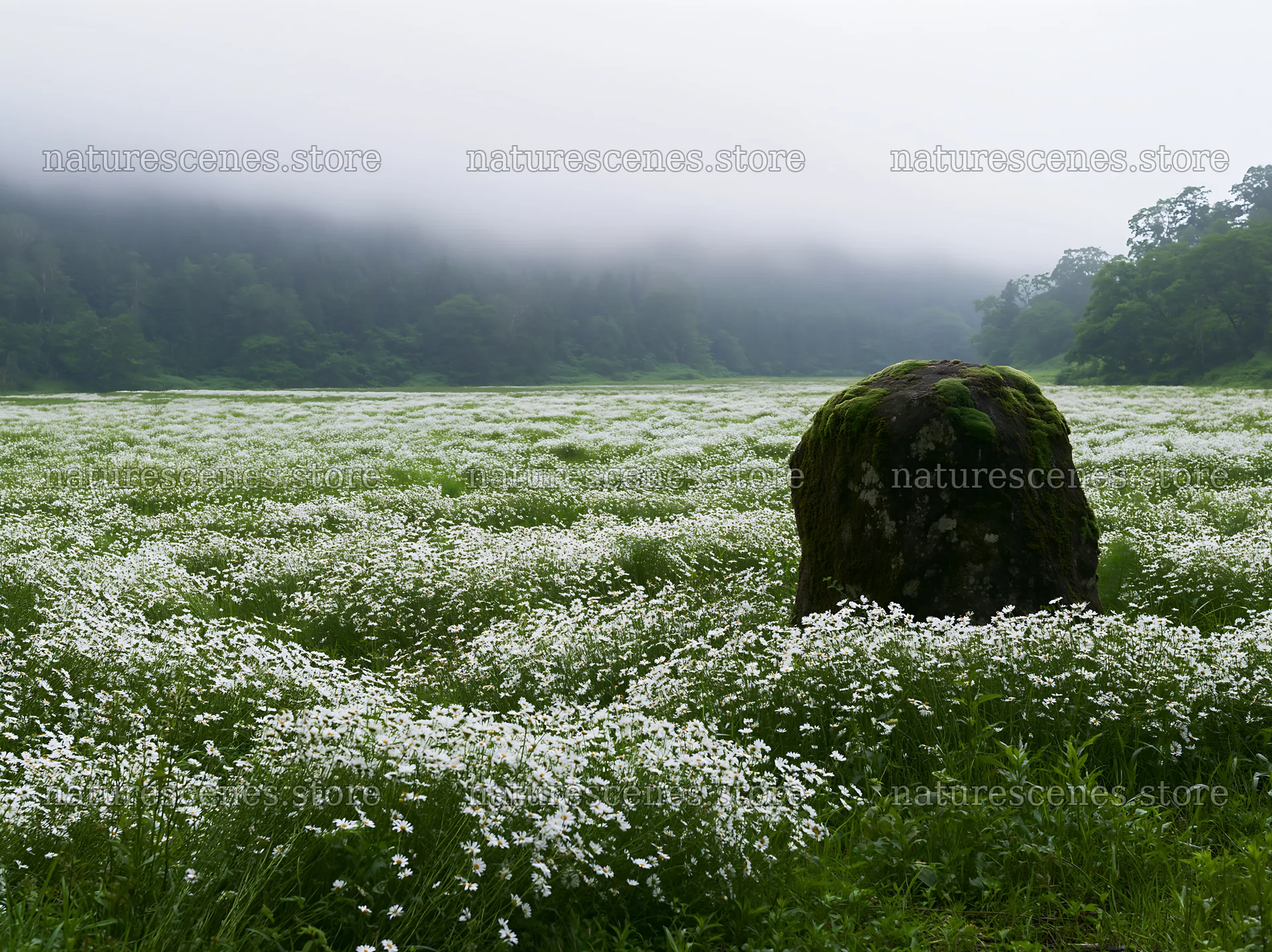 Misty meadow with moss covered stone in Shimane – nature scenes 9174x6866