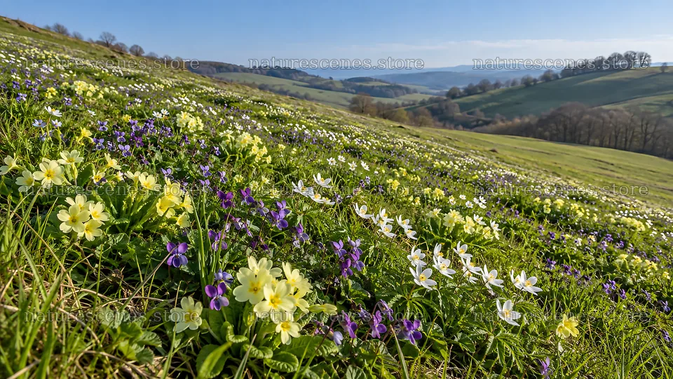 Spring Wildflowers on a Sunny Hillside – nature scenes 10324x5812