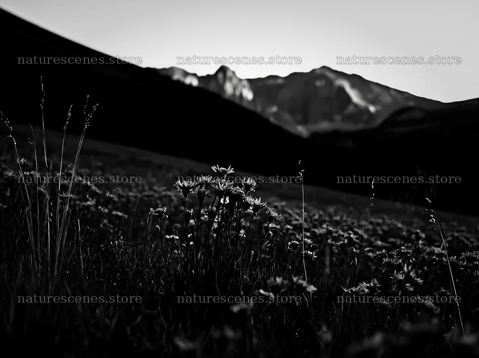 Mountain pass meadow with blue flowers at sunset – nature scenes 9174x6866