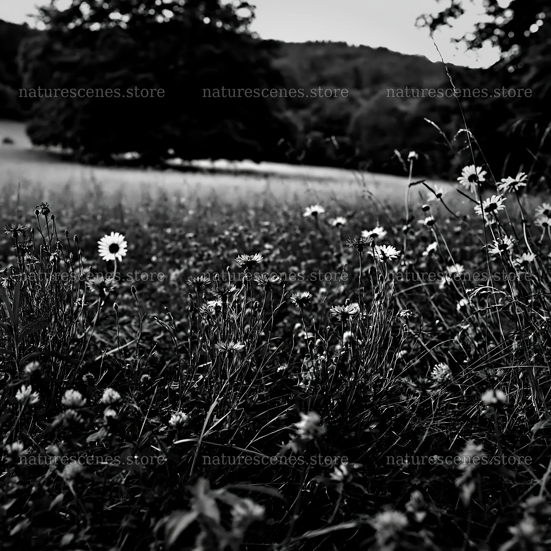 Clover cornflower meadow in black and white setting – nature scenes 7938x7938