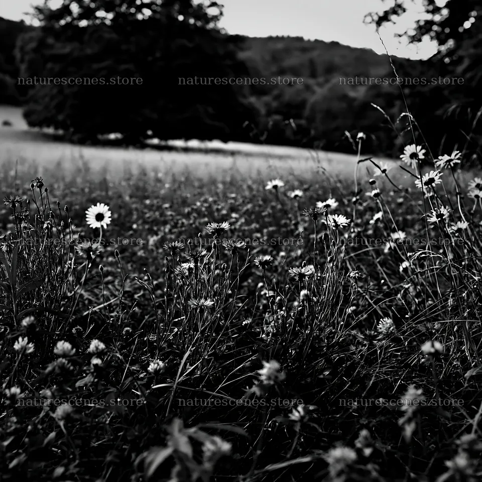 Clover cornflower meadow in black and white setting – nature scenes 7938x7938