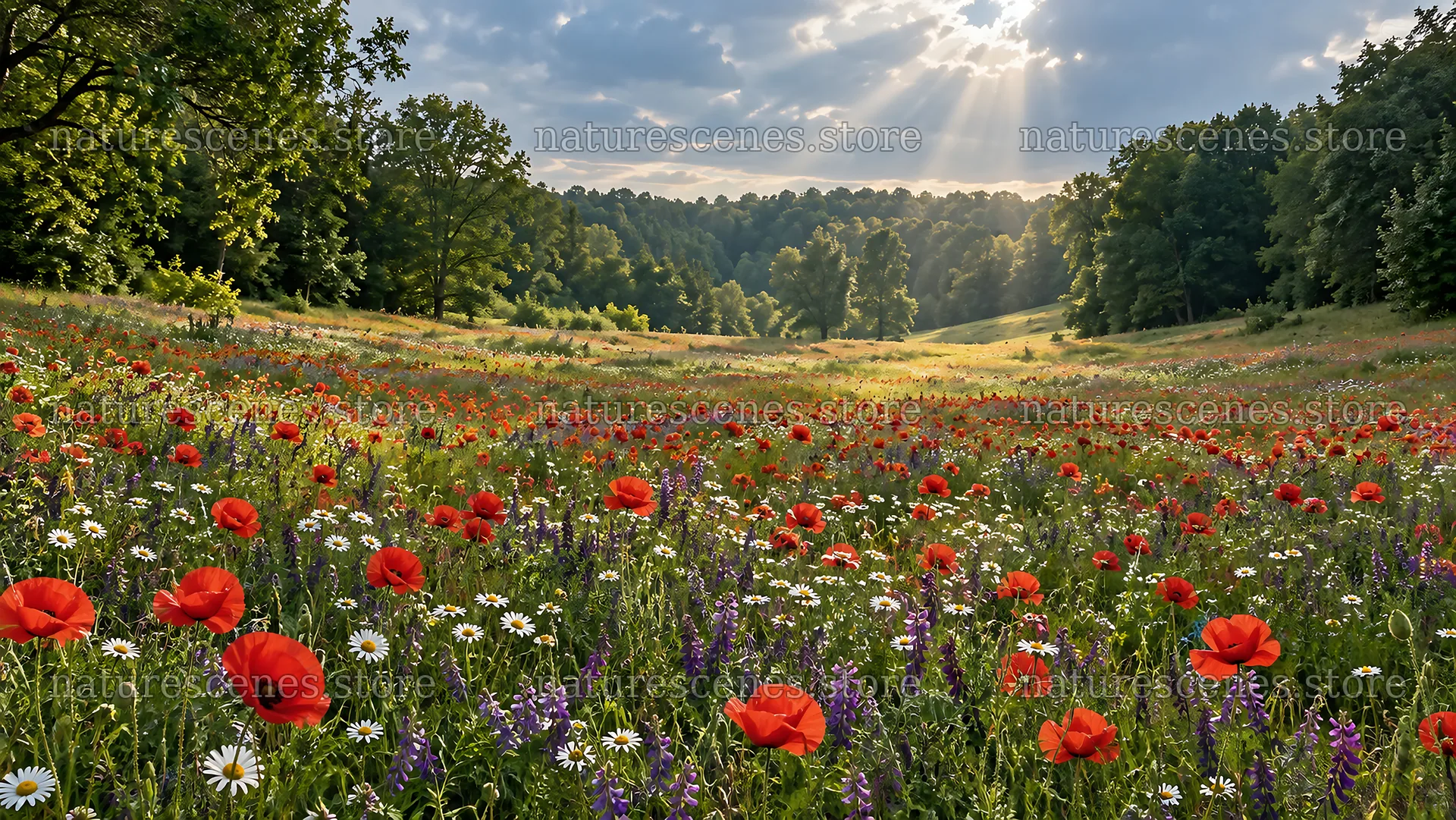 Sunlit Wildflower Meadow in a Woodland Clearing – nature scenes 10324x5812