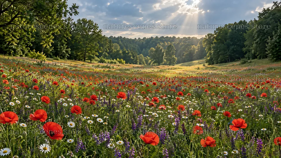 Sunlit Wildflower Meadow in a Woodland Clearing – nature scenes 10324x5812
