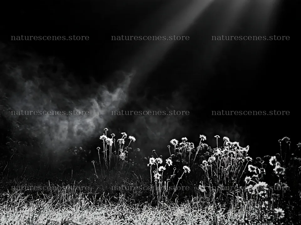 Crepuscular rays shining over flowers in a dark meadow – nature scenes 9174x6866