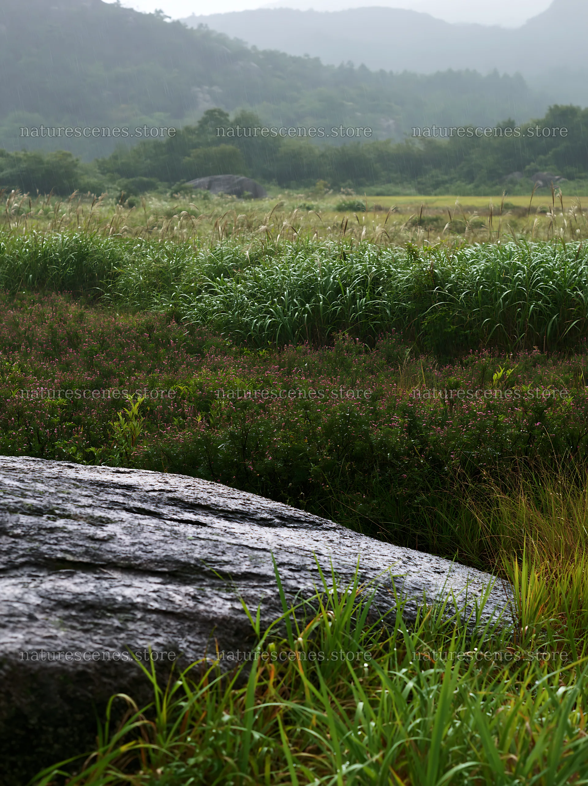 Hiroshima rainy meadow smooth rock foreground – nature scenes 6866x9174