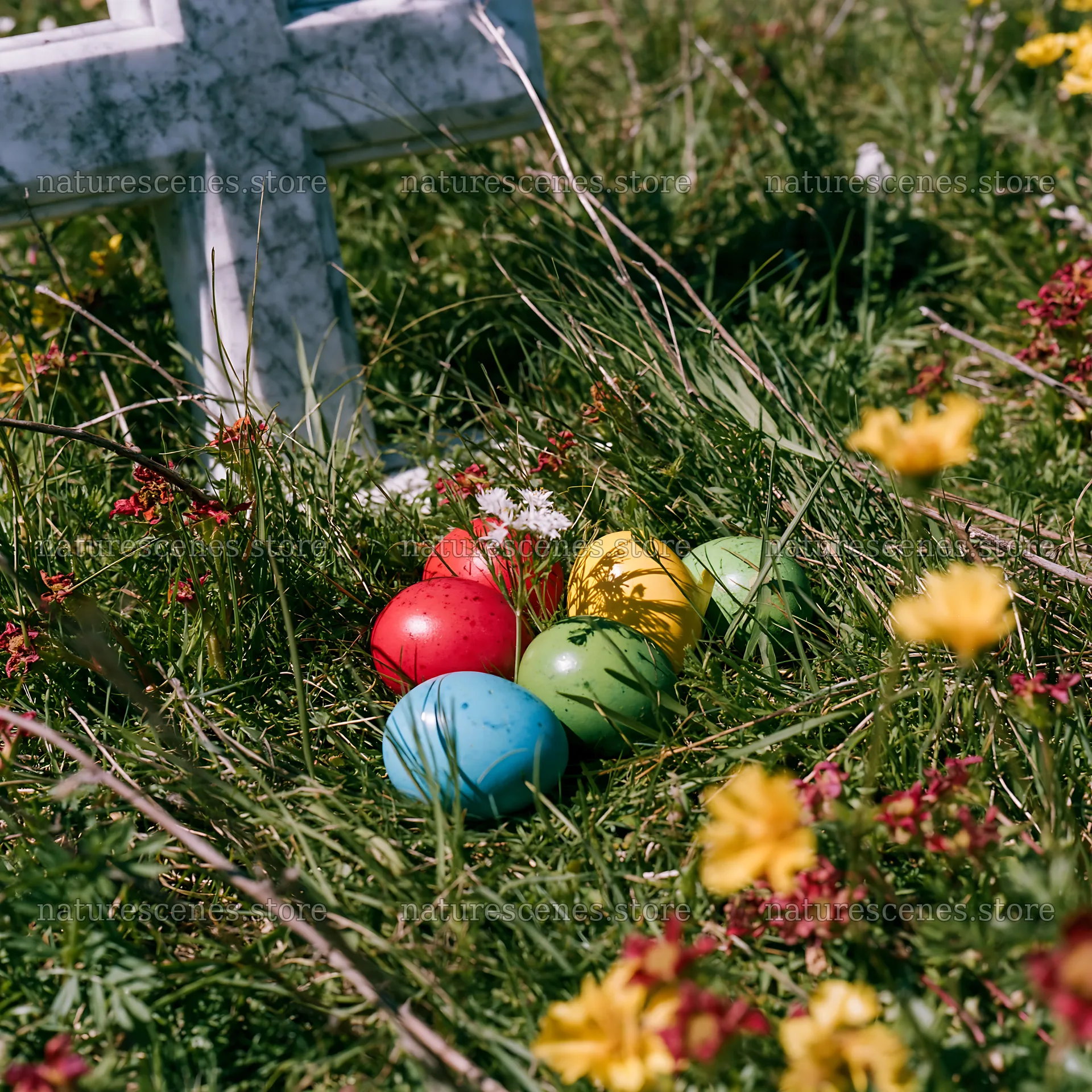 White Christian cross in Christmas meadow with colored eggs – nature scenes 7938x7938