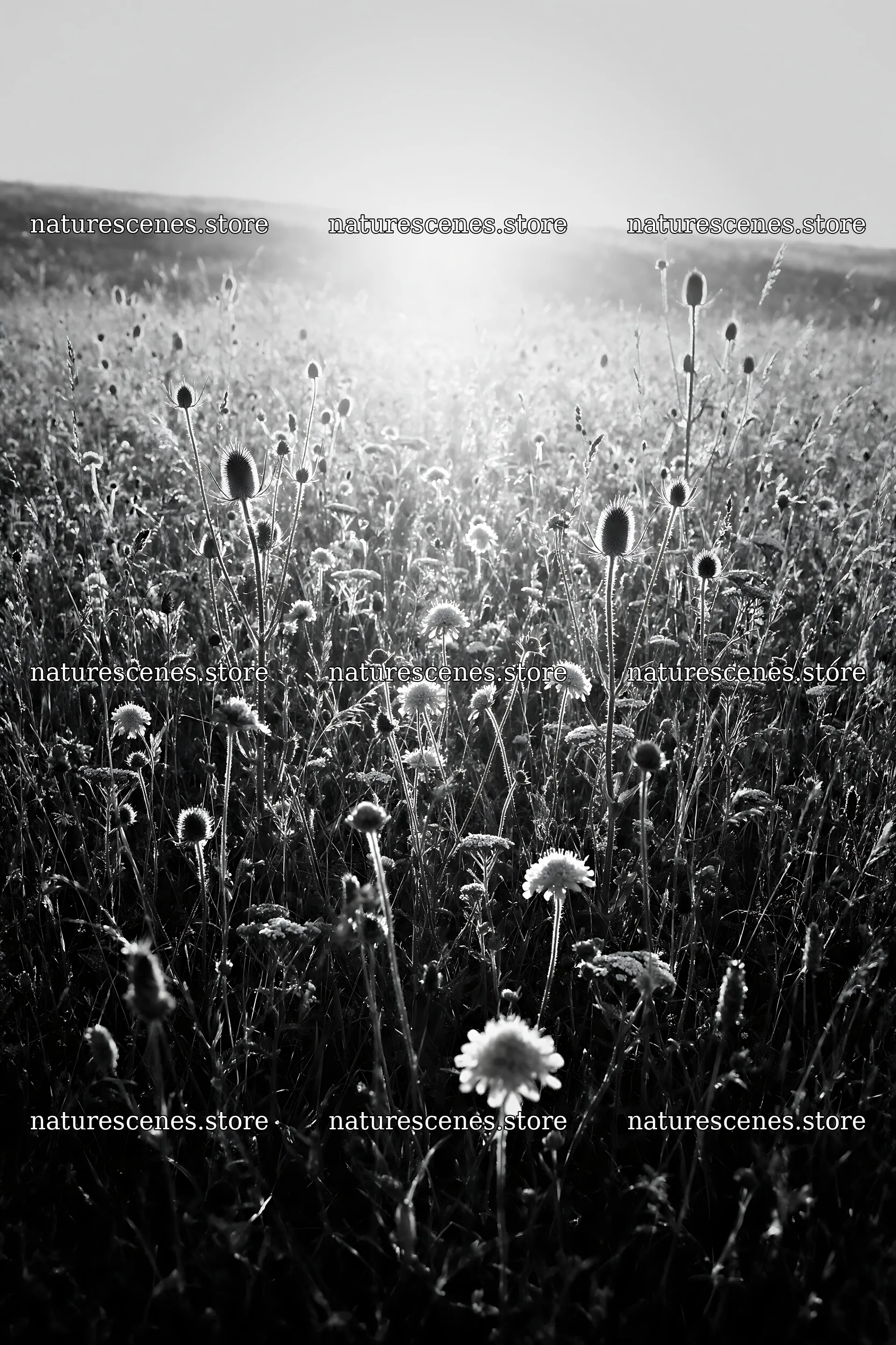 Rewilded meadow with flowers under the setting sun – nature scenes 6480x9722