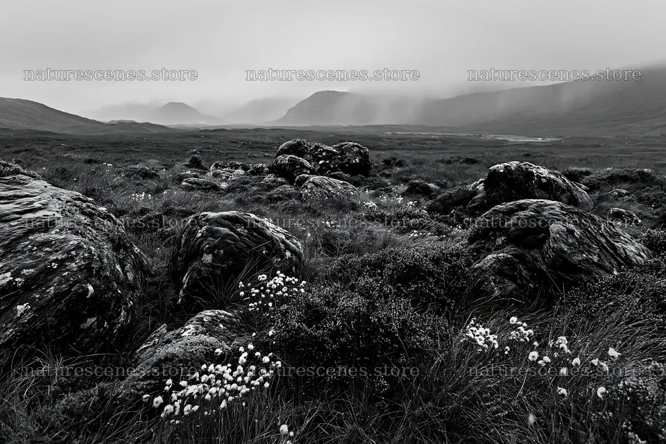 Mossy boulders in a misty meadow landscape – nature scenes 9722x6480