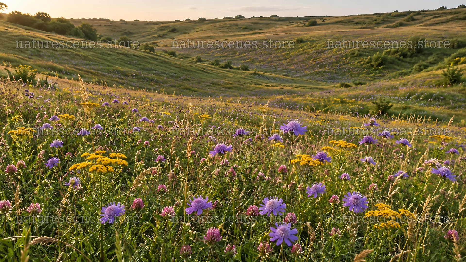 Wildflowers in a Rolling Meadow at Golden Hour – nature scenes 10324x5812