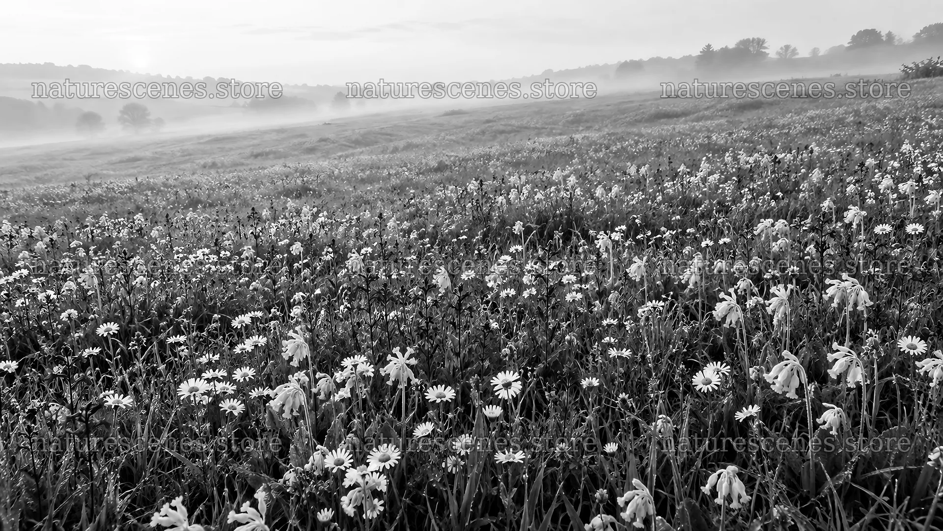 Monochrome Wildflower Meadow in Morning Mist – nature scenes 10324x5812
