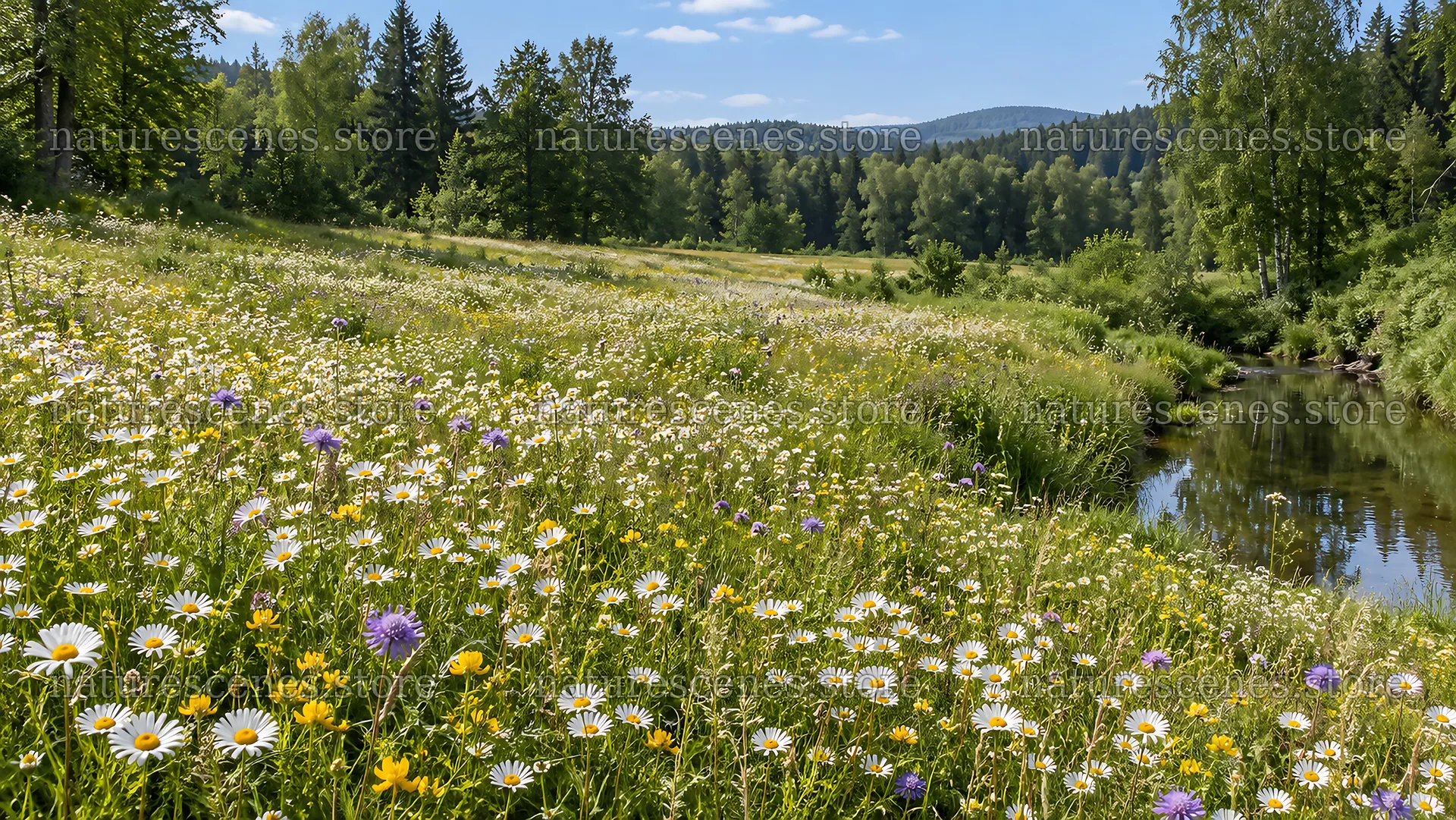 Wildflower Meadow Beside a Forest Stream – nature scenes 10324x5812