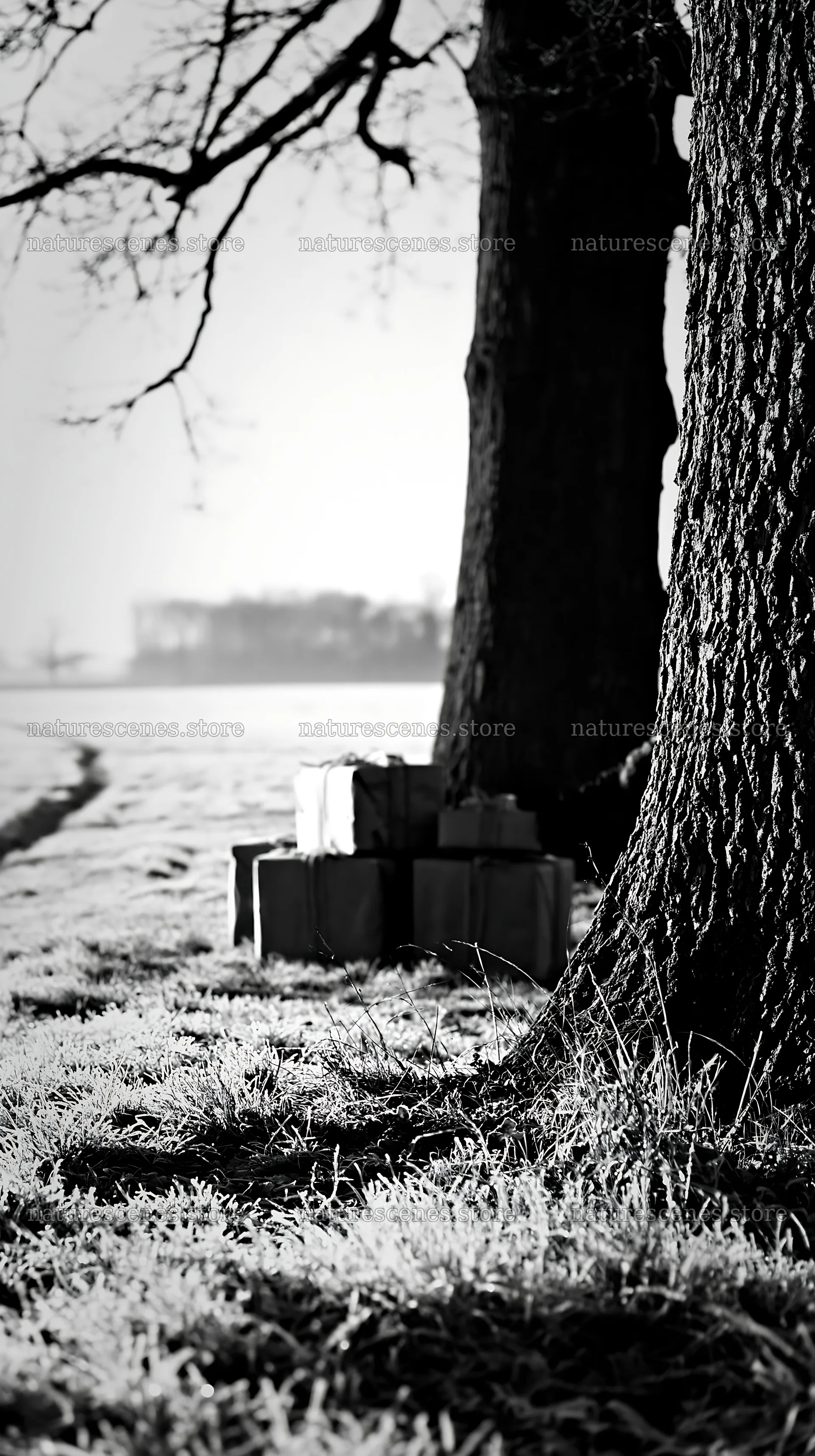Packages on grass near tree in meadow setting – nature scenes 5938x10608