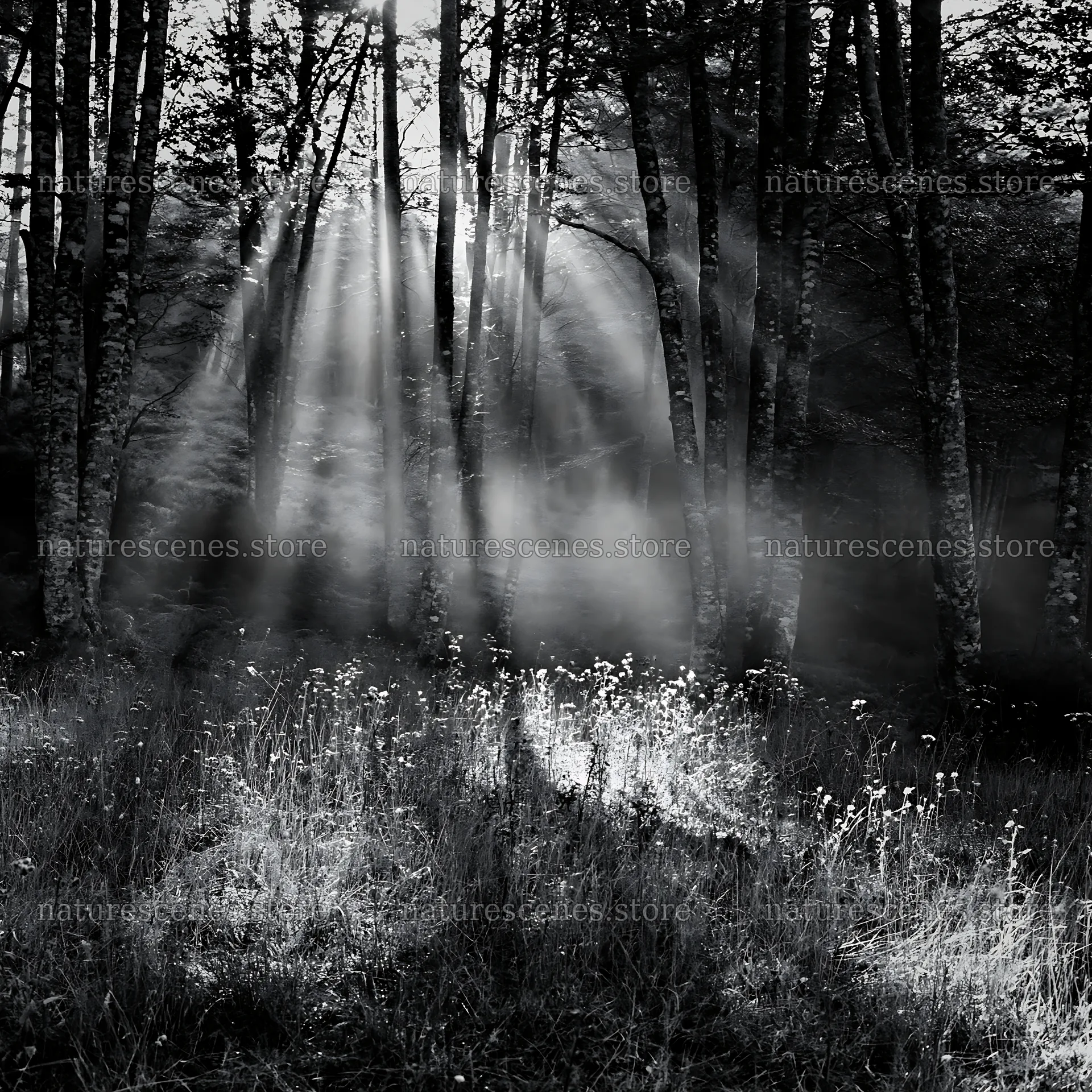 Sunrays shine through trees in Picos de Europa meadow – nature scenes 7938x7938